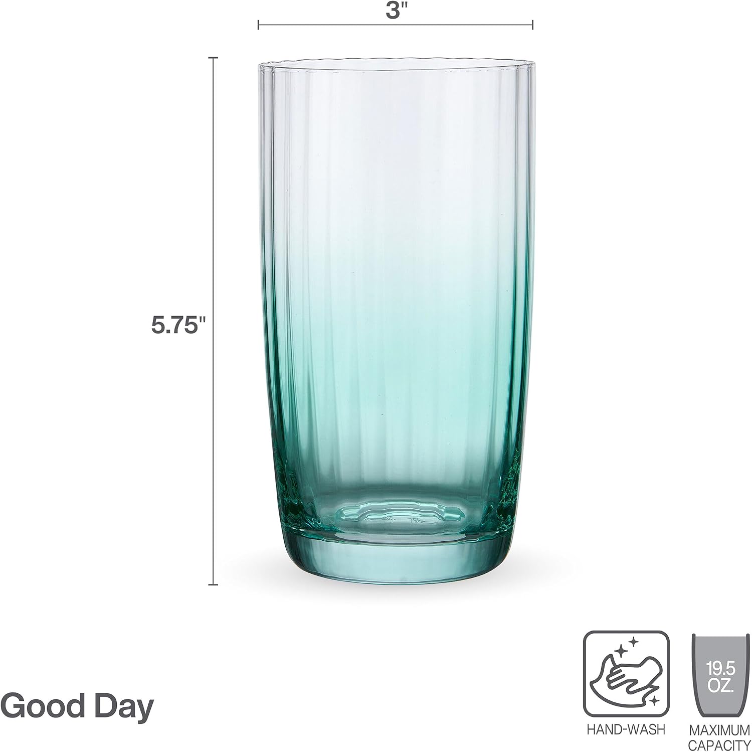 Darbie Angell Good Day Set of 4 Highball Tall Iced Beverage Cup Glasses, Everyday Drinkware, Color Glassware, 19.5 ounce, Teal