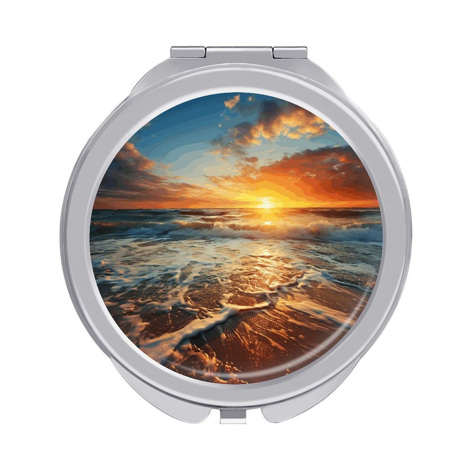 LZQPOEAS Ocean Sunrise Compact Mirror, Double-Sided Folding Makeup Mirror, Durable Metal Travel Pocket Mirror for Purse, Portable Round Touch-Up Mirror for Table Gifts and Everyday Use