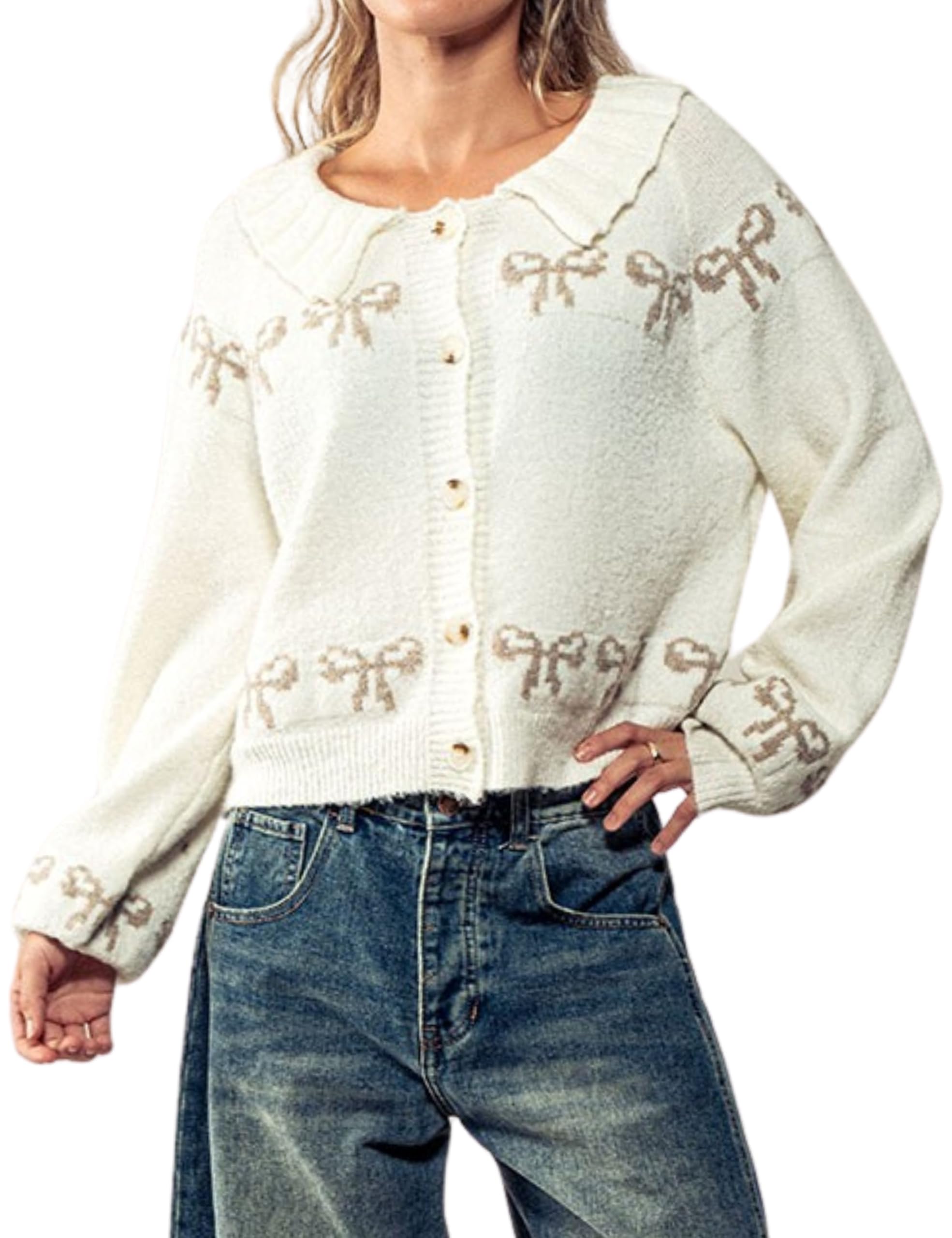 Womens Scalloped Collar Bow Sweater Cardigan Y2K Long Sleeve Embroidered Knitwear Outerwear