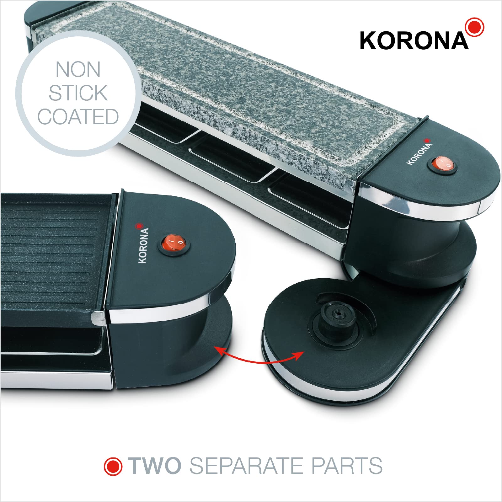 Korona 45071 Drehbares Raclette | Raclette für 8 Personen | Antihaft-Grillplatte | Naturstein | Extra langes Kabel | Inkl. Zubehör, Schwarz