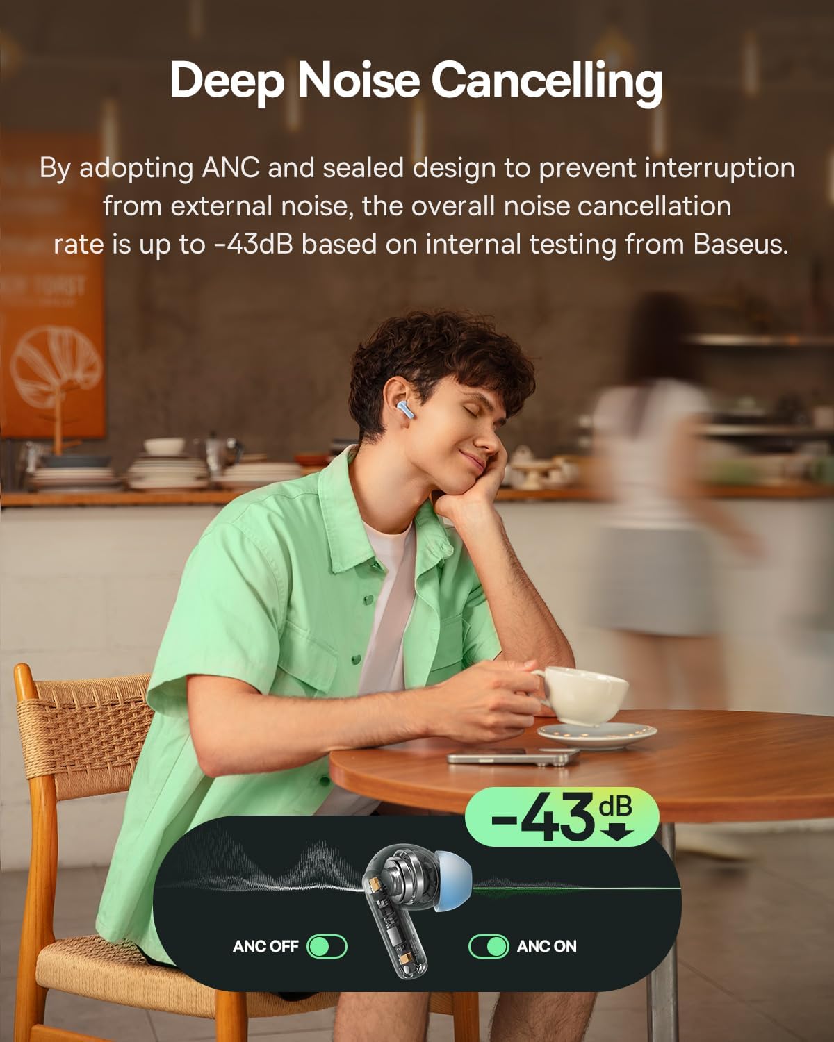 Baseus Bass BP1 NC earbuds and charging case, showing the design and components.