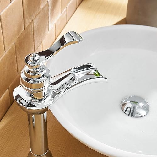 Miniatura 2 de BWE Grifo de lavabo cromado con cascada con montaje de drenaje desplegable y manguera de suministro de un solo mango, grifo de baño de un solo