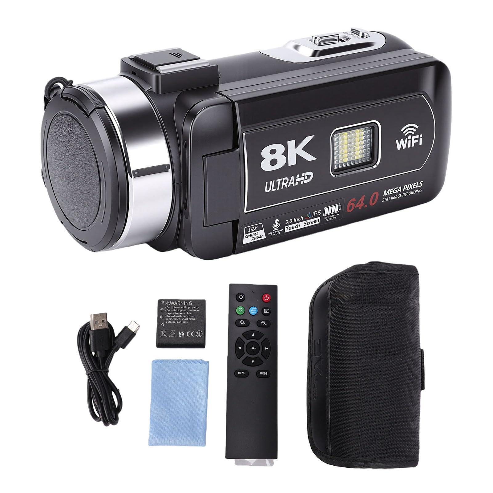 Akozon Cámara de Vídeo 8K Videocámara Multifuncional con Zoom Digital 64MP 18X para Viajes