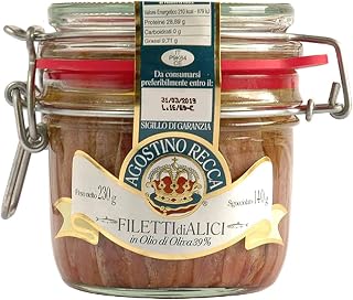 Agostino Recca Anchovy Fillets in Olive Oil - Premium Wild Caught Italian White Anchovies for Pizza, Pasta & Salads (8.1 oz Jar)