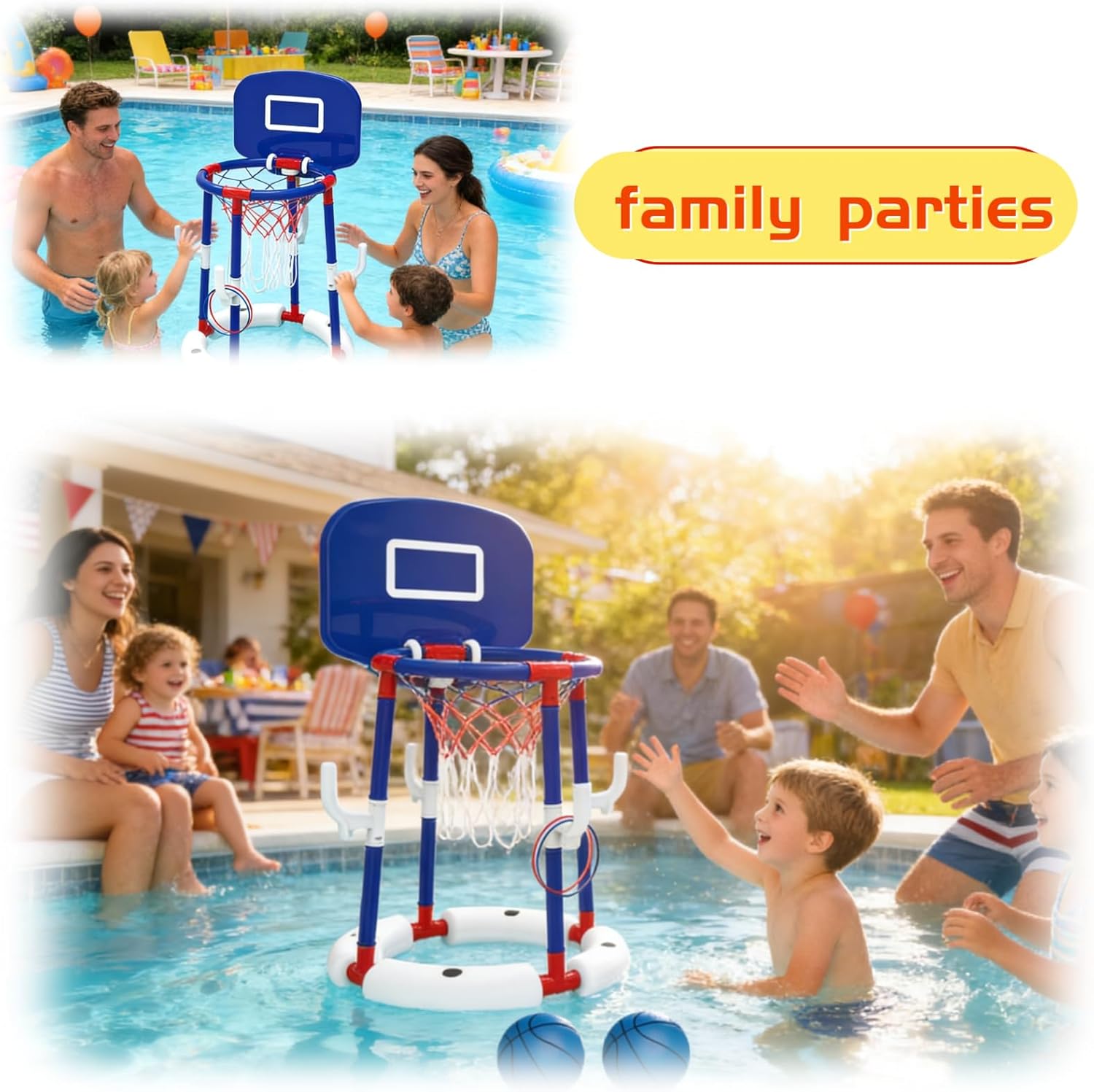Floating Pool Basketball Hoop Set, 2-in-1 Pool Game with Backboard & Ring Toss, Stable Anti-Tip Base, 4 Balls, Rings & Pump, Pool Toys for Kids & Adults