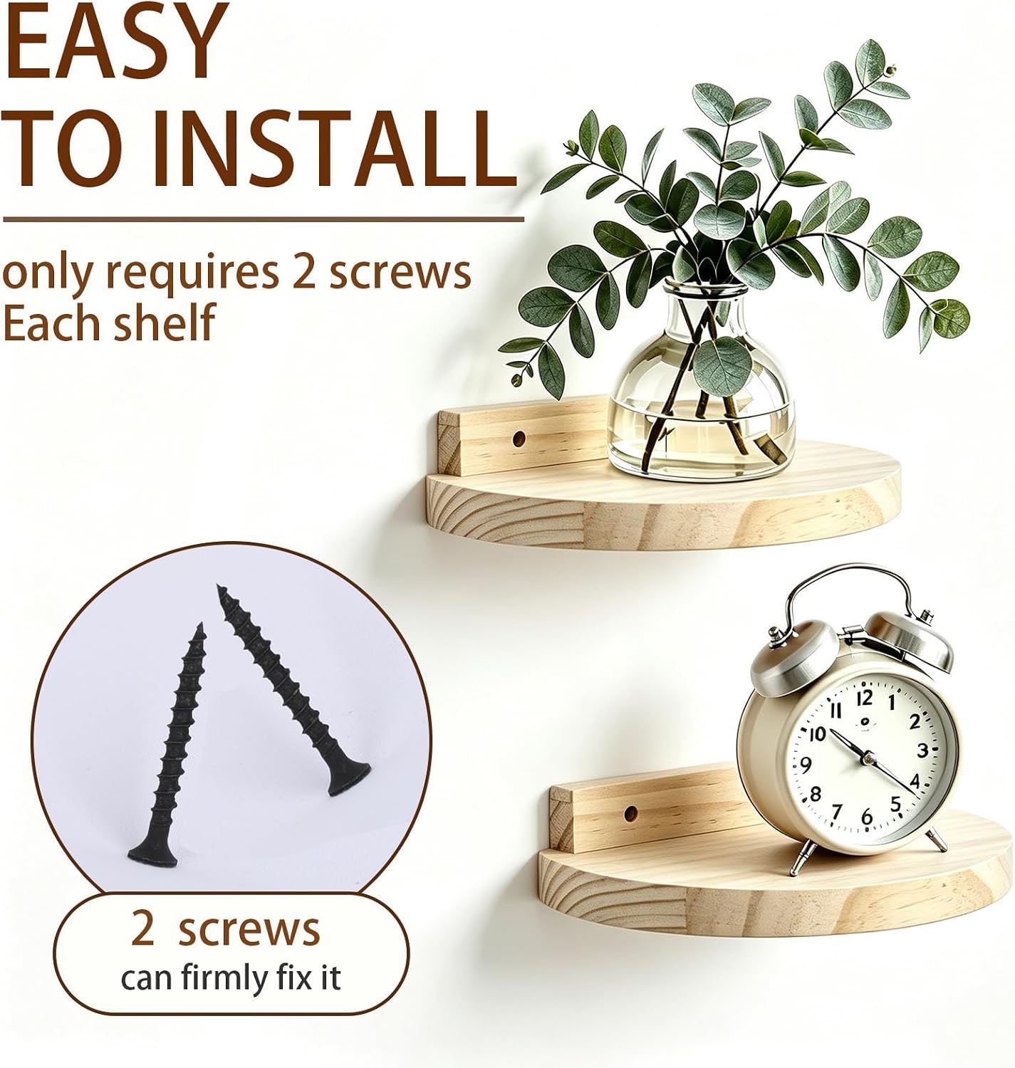 2 Pcs Small Floating Shelves for Wall Natural Wood Shelves 6 Inch | Half Round Wall Shelves Screw Mount Sturdy Solid Wood for Rustic Mini Plant Bedroom Living Room Bathroom Kitchen Office Decor