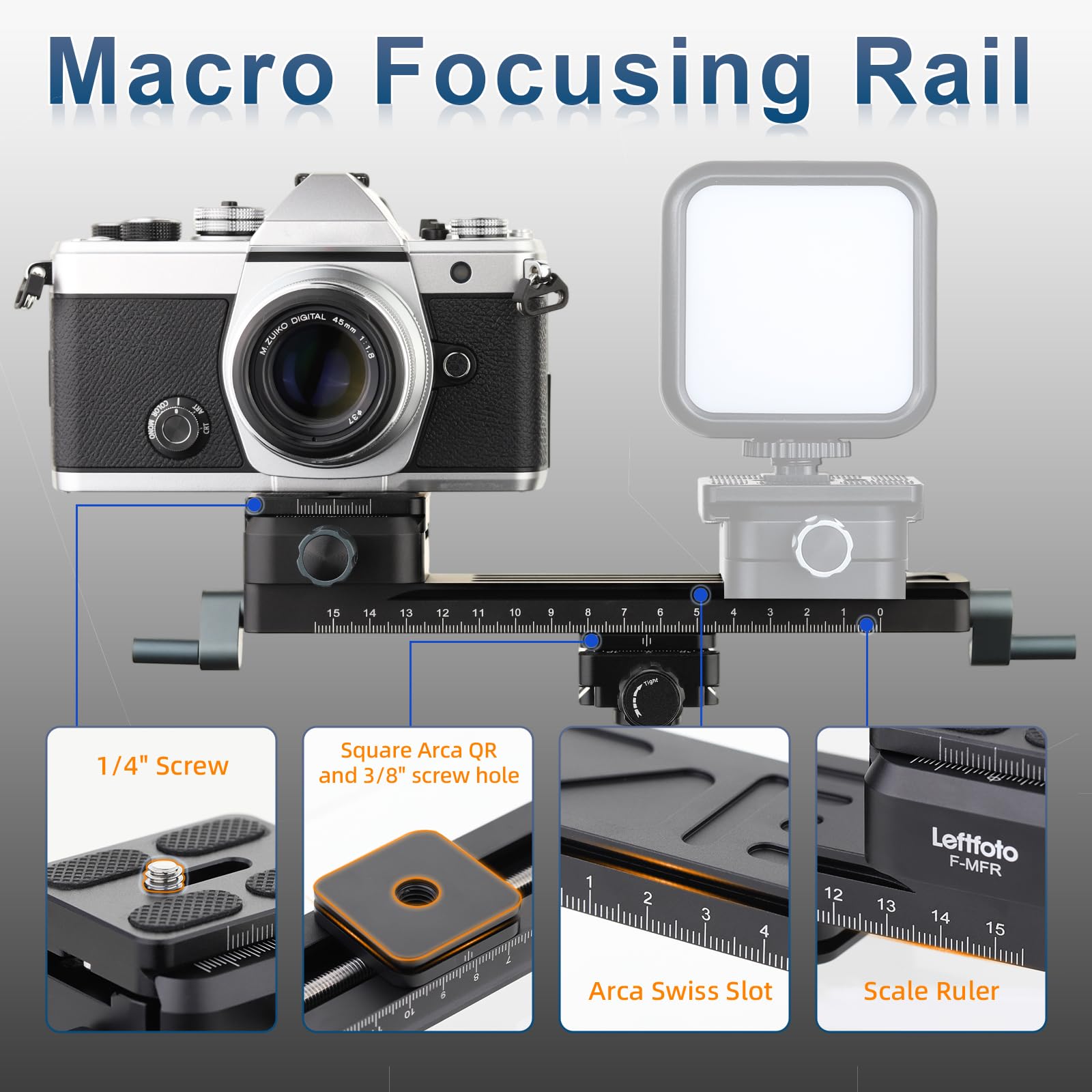 Leftfoto Deslizador de riel de enfoque macro con engranaje estable y preciso, ajuste bidireccional para fotografía macro de primer plano con placa de liberación rápida de cola de milano Arca-Swiss