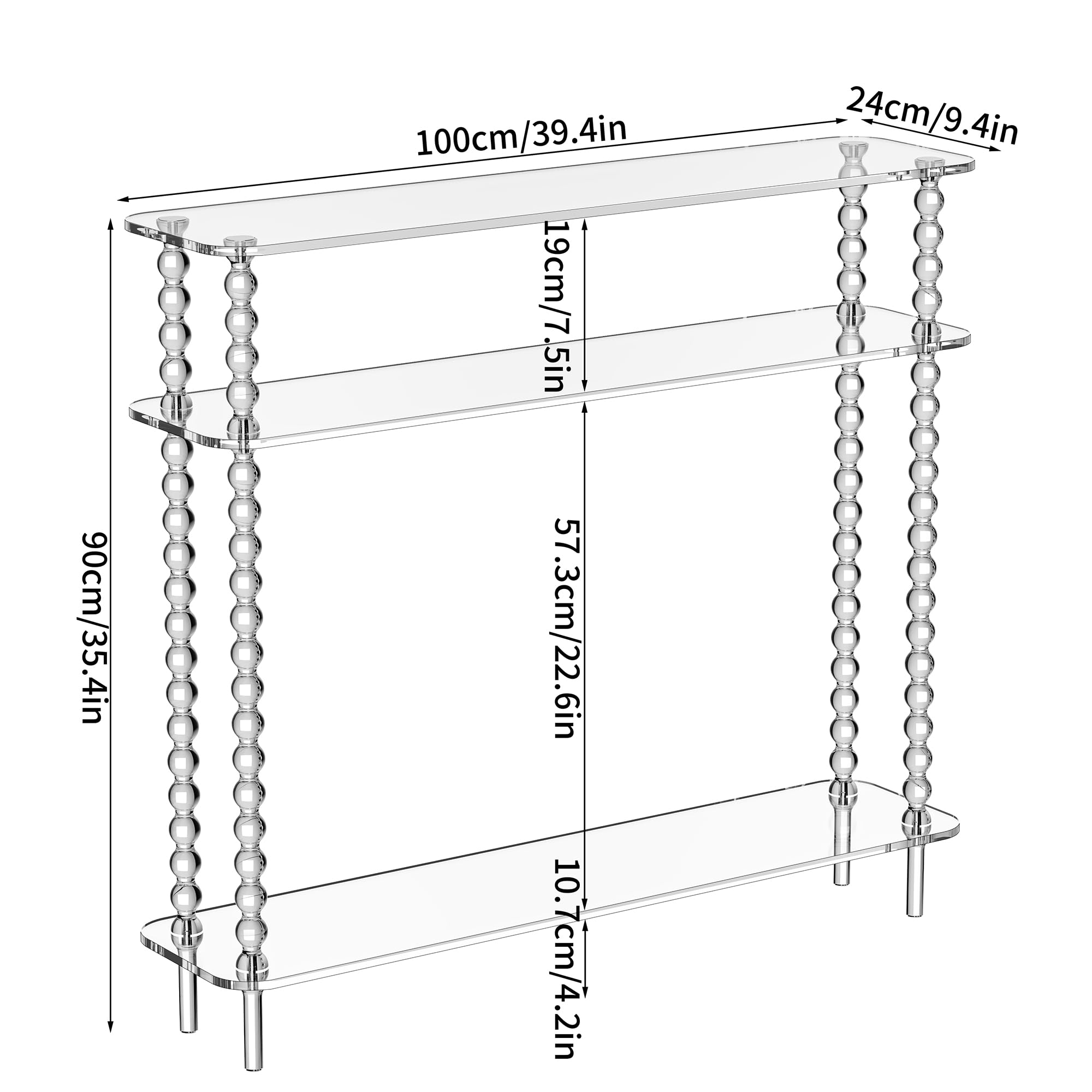 Acryl Konsolentisch, Schmaler 3 Etagen, Eingangstisch, Ausstellungstisch, Langer Flurtisch mit Stauraum, Moderner Sofatisch für Wohnzimmer & Flur (transparent, 100 x 24 x 90 cm)