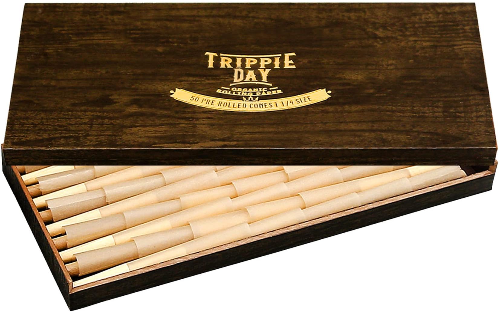 Trippie Day 50 unbleached Pre Rolled Cones packed in a brown rigid box. Includes Packing Sticks (84 mm/3.3 inches) 1 1/4 Size