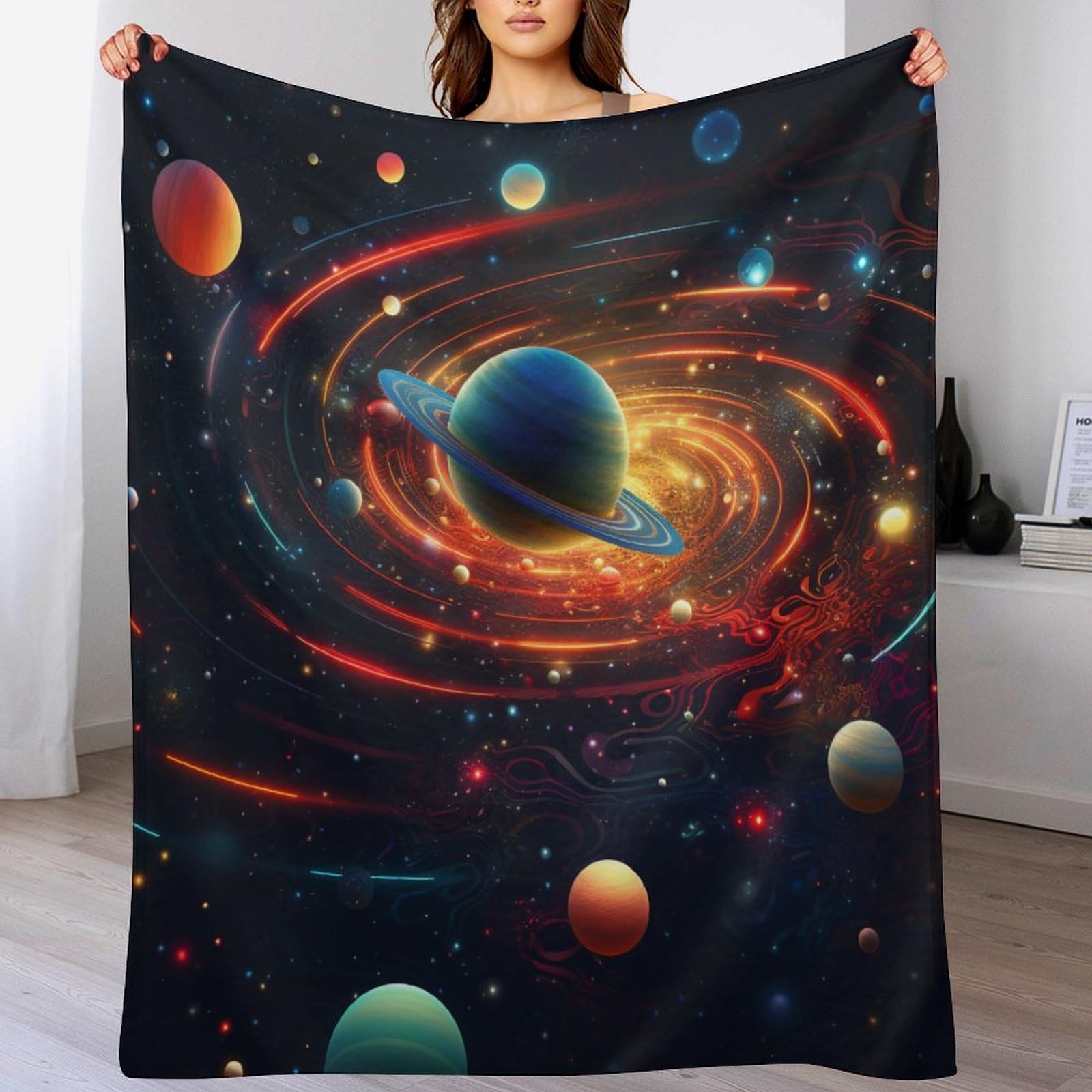 Couverture chaude en flannel molleton pour lit, imprimé univers coloré 150x200