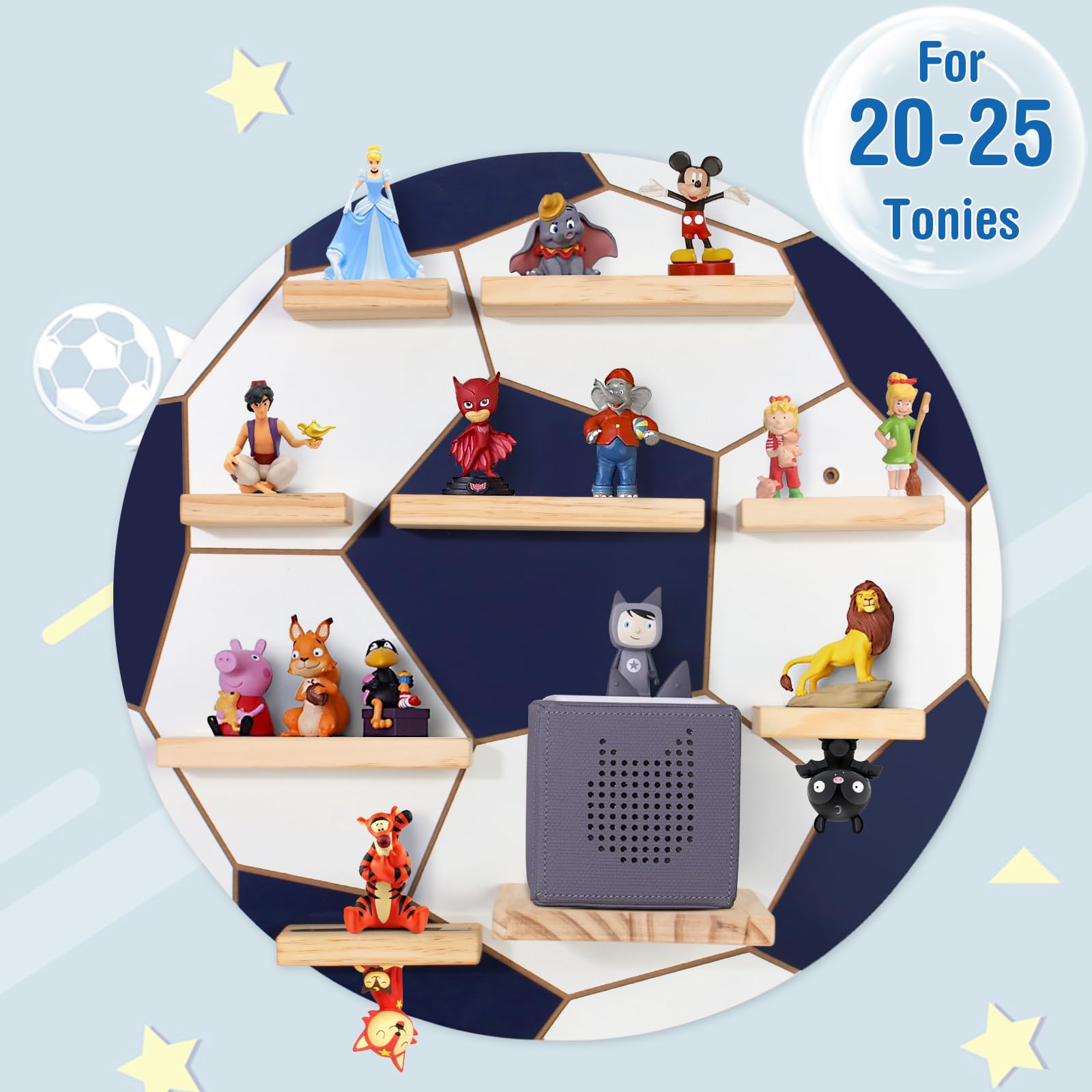 Todeco Étagère Magnétique Murale pour Tonie Box et Tonies, Football | Jusqu'à 20–25 Tonies, Bois Robuste, Compatible avec Tonie Box et Station de Charge, pour Chambres d'enfants