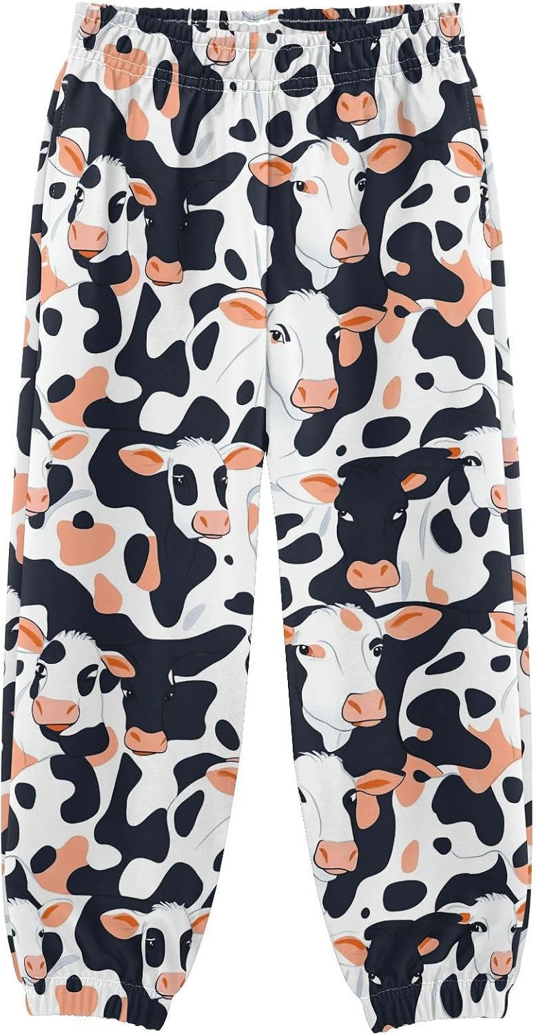 Boy Sweatpants Black White Skin Cow Print Joggers Casual Athletic Pants Kids Elastic Waist Cuffed with Pockets