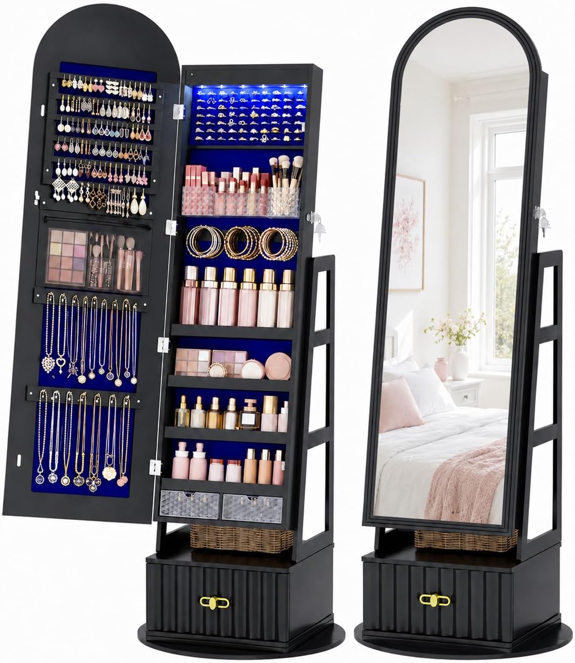 Vlsrka Arched LED Mirror Jewelry Cabinet with Full Length Mirror, Black
