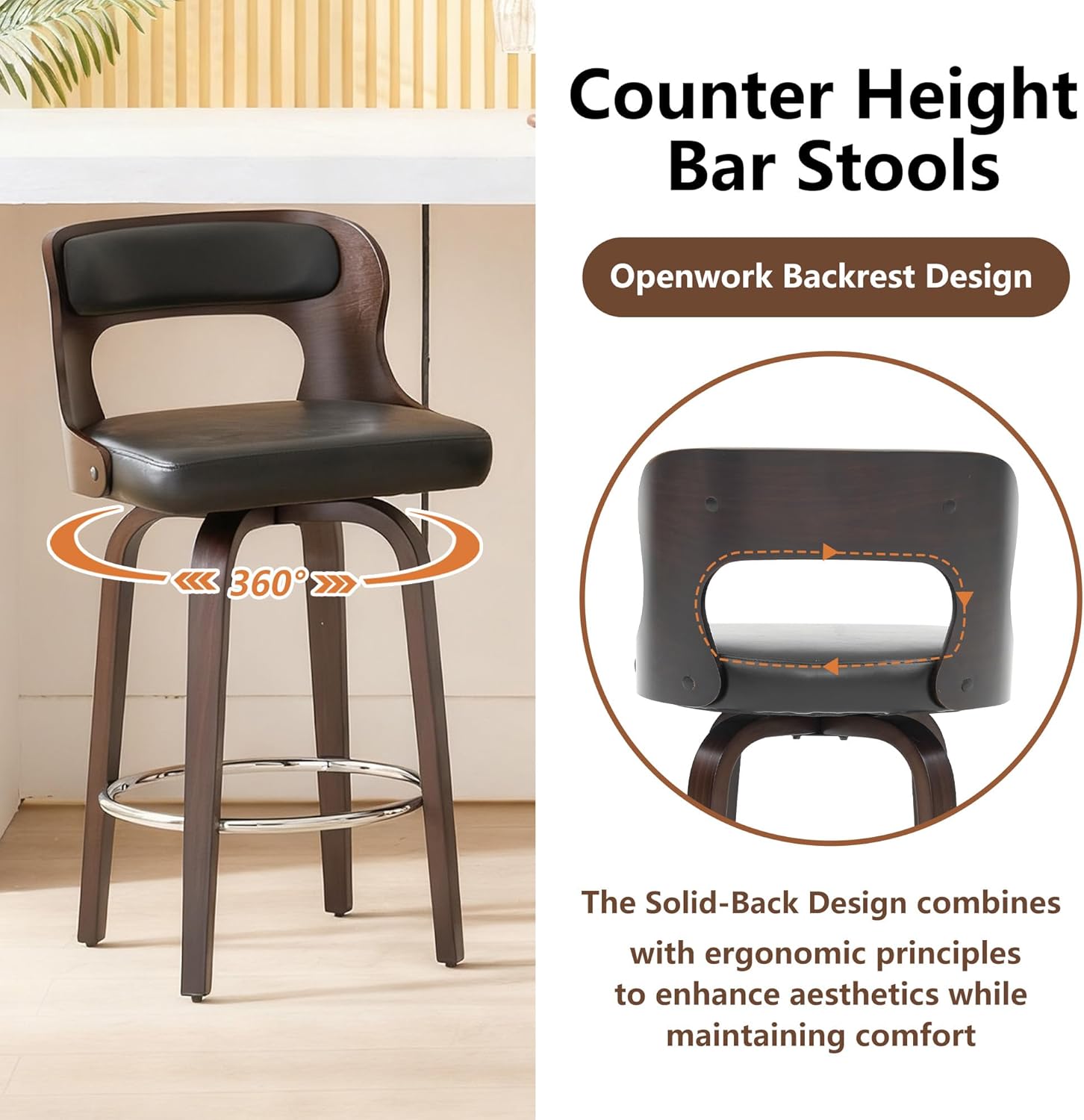 Swivel Bar Stools Set of 4, 26" Counter Height Bar Stools, Mid-Century Modern PU Leather Modern Island Chairs with Back and Footrest, for Kitchen, Bar, Restaurant, Cafe (Black)