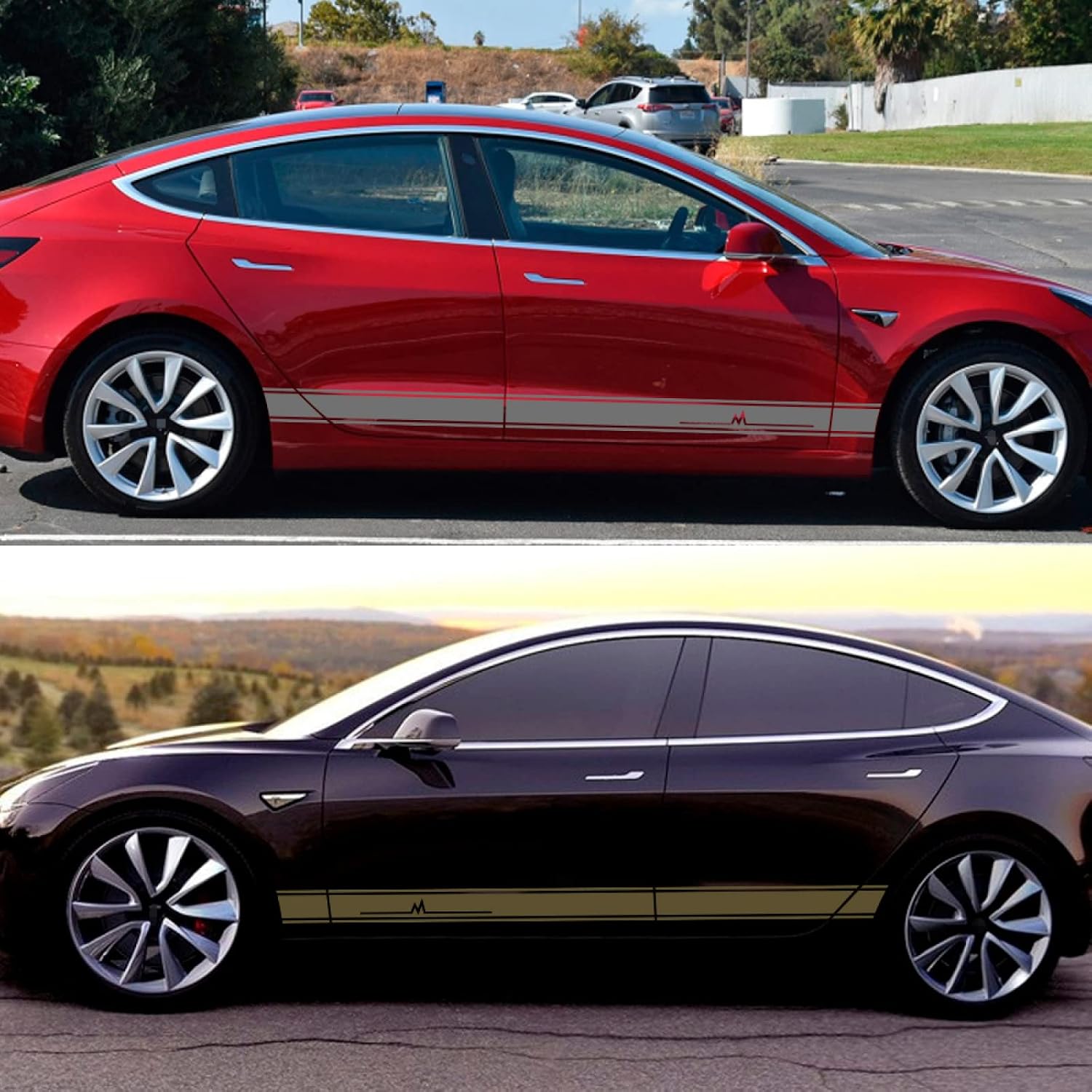 LadyCent 2PCS Car Door Side Skirt Long Stripe Stickers, Auto Vinyl Film Decals Accessories, for Tesla Model S X 3,Glossy Orange,for Model 3