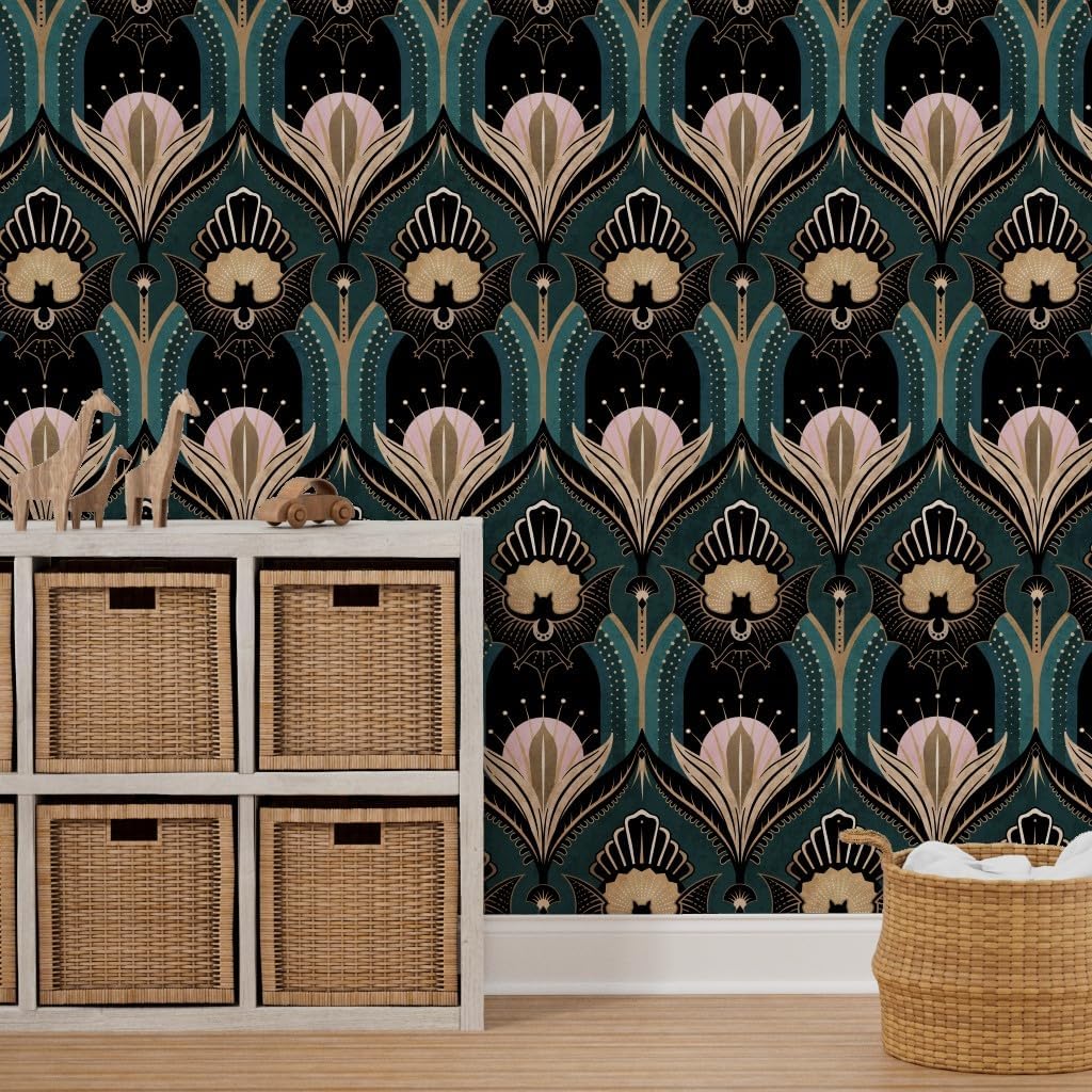 Spoonflower Peel & Stick Wallpaper 6ft x 2ft - Elegant Art Deco Bats Flowers Teal Gold Black Pink 1920S Opulent Maximalist Custom Removable Wallpaper