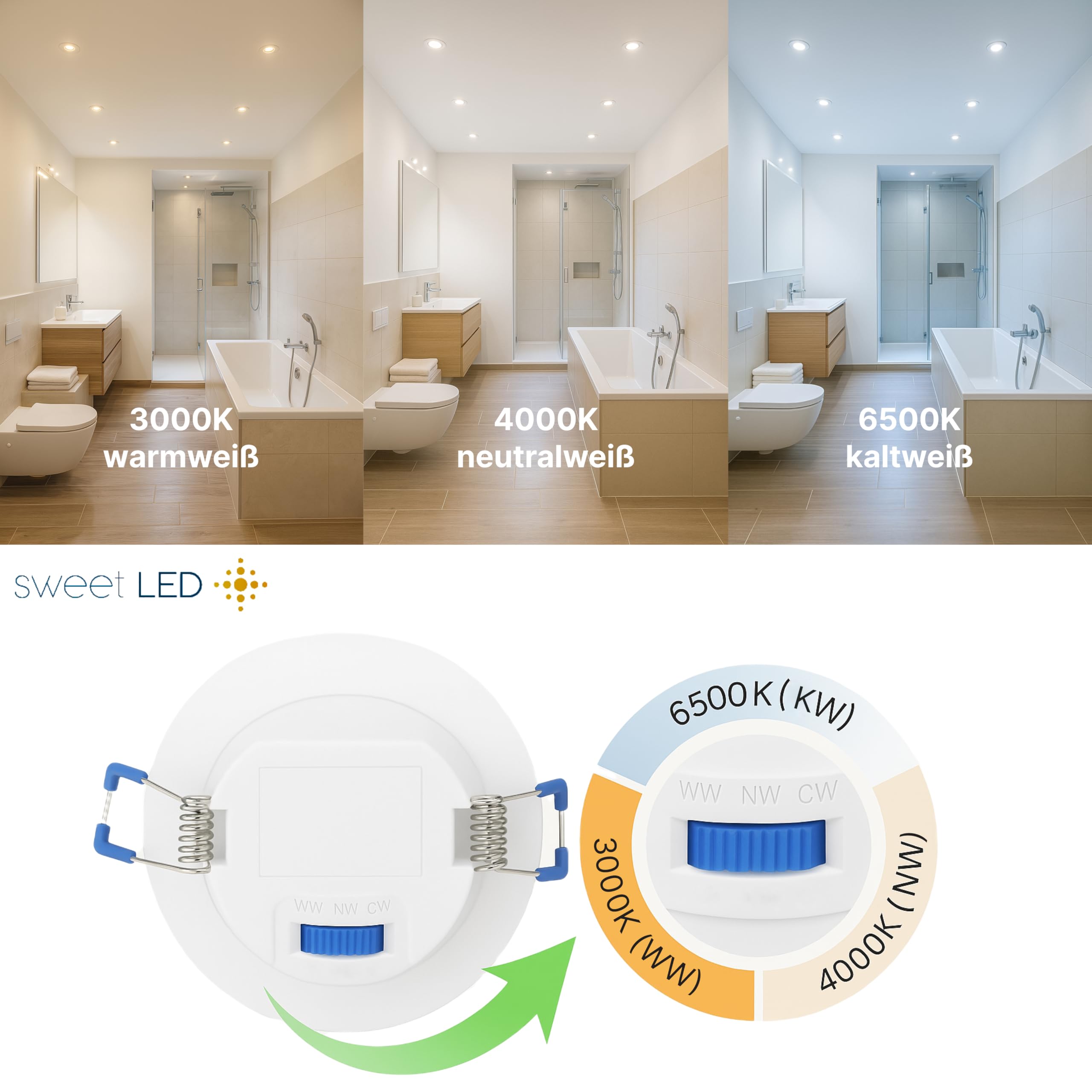 Sweet Led - LED Einbaustrahler 230V - LED Spots 6.5W Lochmaß Ø68mm - CCT IP44 Einbauspots für Badezimmer, Küche - Deckenspots 3000K 4000K 6500K - Einbauleuchten (10er | weiß)