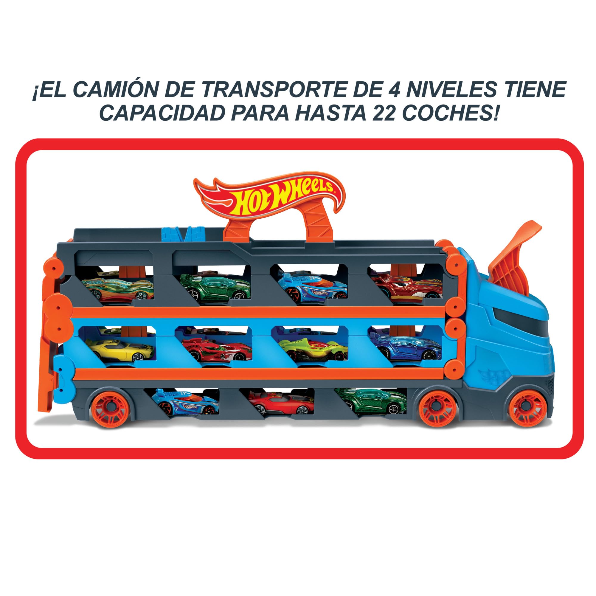 Hot Wheels Camión de Transporte Convertible en Pista para Coches de Juguete, almacena 20 vehículos, Incluye 3 Die-Casts (Mattel GVG37)