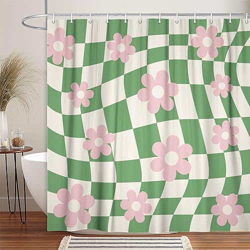 Miniatura 3 de Cortina de ducha Groovy de los años 70, bonita cortina de ducha ecléctica retro floral a cuadros, divertida cortina de ducha moderna hippie boho Y2K