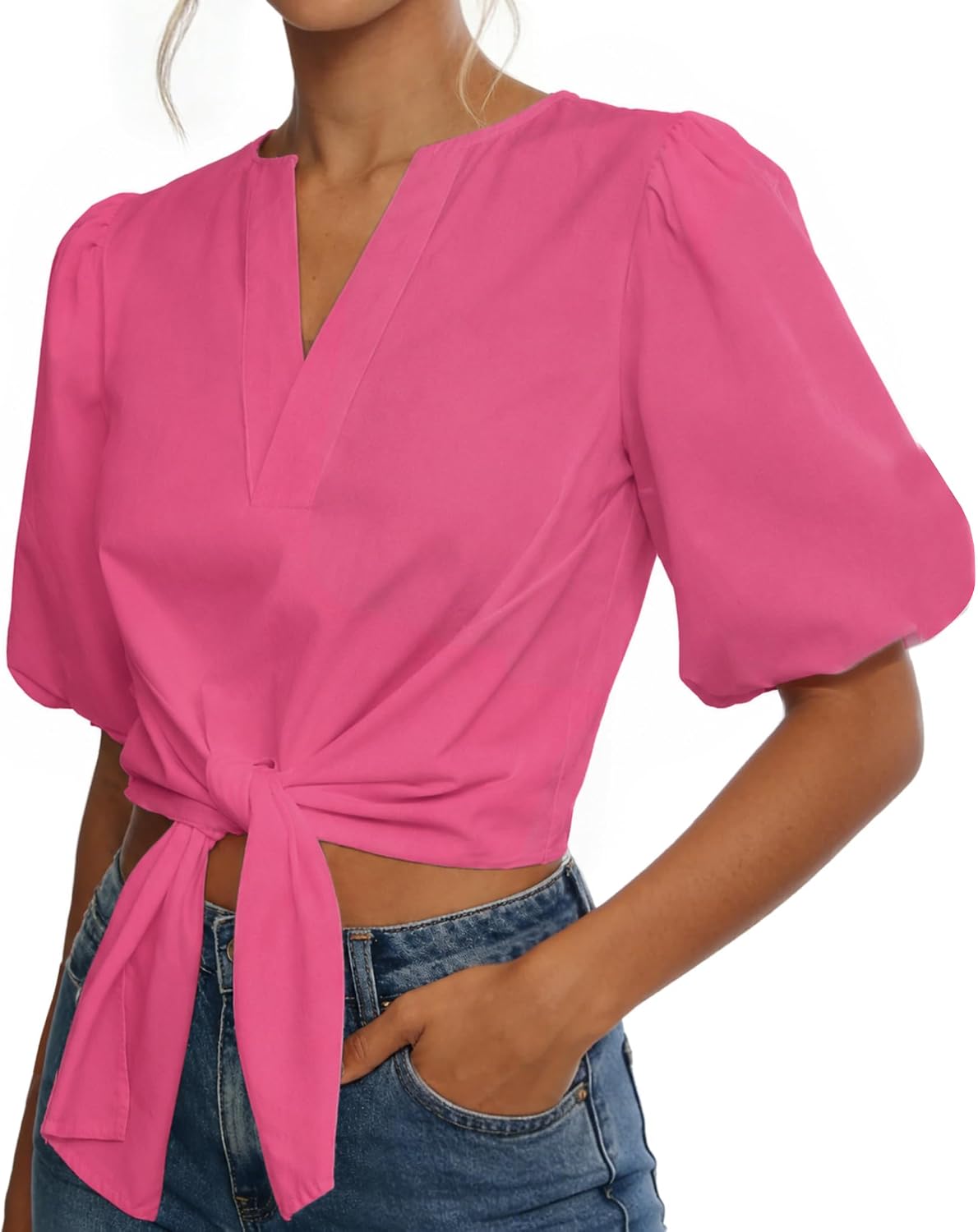 Remidoo Women's Puff Sleeve Tie Front Crop Top Blouse Back Button Down V Neck Tops
