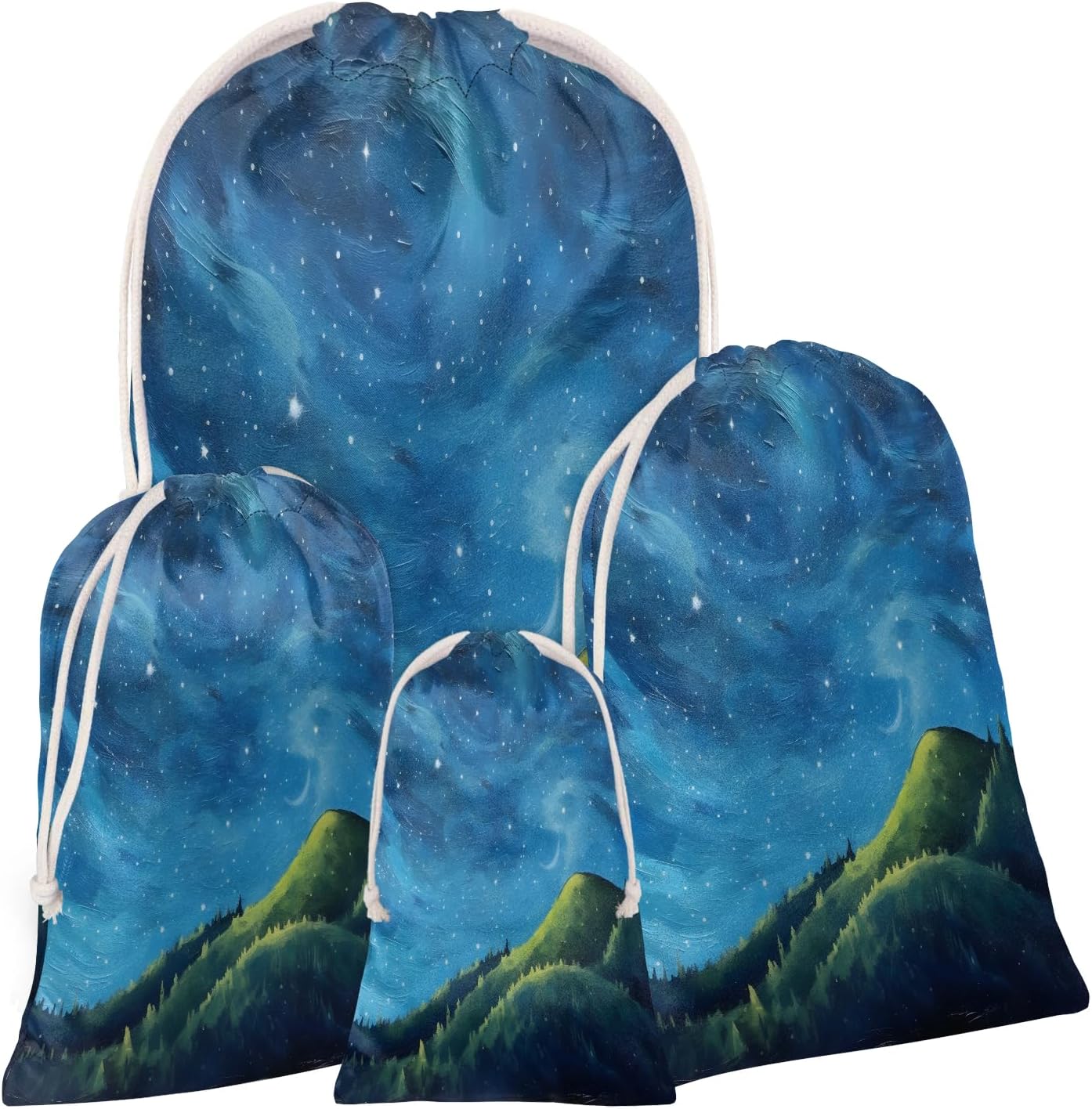 Aglebo Watercolor Starry Mountain Reusable Christmas Gift Bag Set with Drawstring 16" x 12" Xmas Treats Bags Funny Design for Party Birthday Xmas Presents Wrapping Bags (1 Pack)
