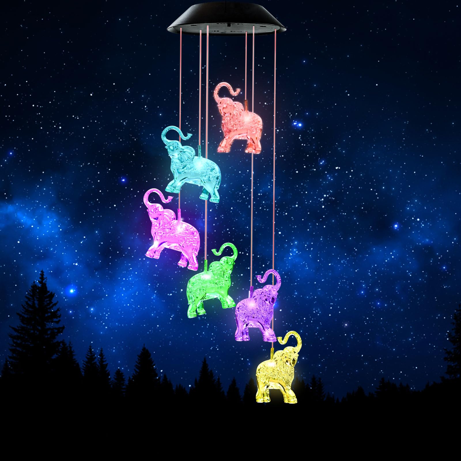 Solar Wind Chimes, Elephant Wind Chimes Gifts for Mom Grandma Women Wife Girls, IP65 Waterproof Hanging Memorial Windchimes with 7 Color Changing LED