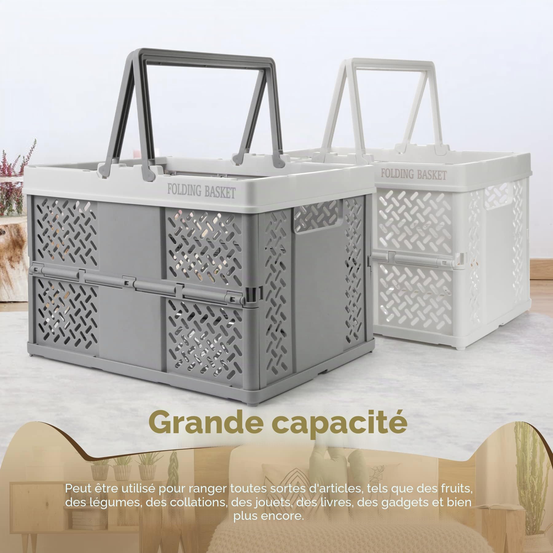 Spesh Lot de 2 Caisse en Plastique Pliable avec Poignée Cagette Rangement Pliant Caisse Pliante Panier Rangement Pliable pour Cuisine, Chambre, Salon(Blanc + Gris Blanc)