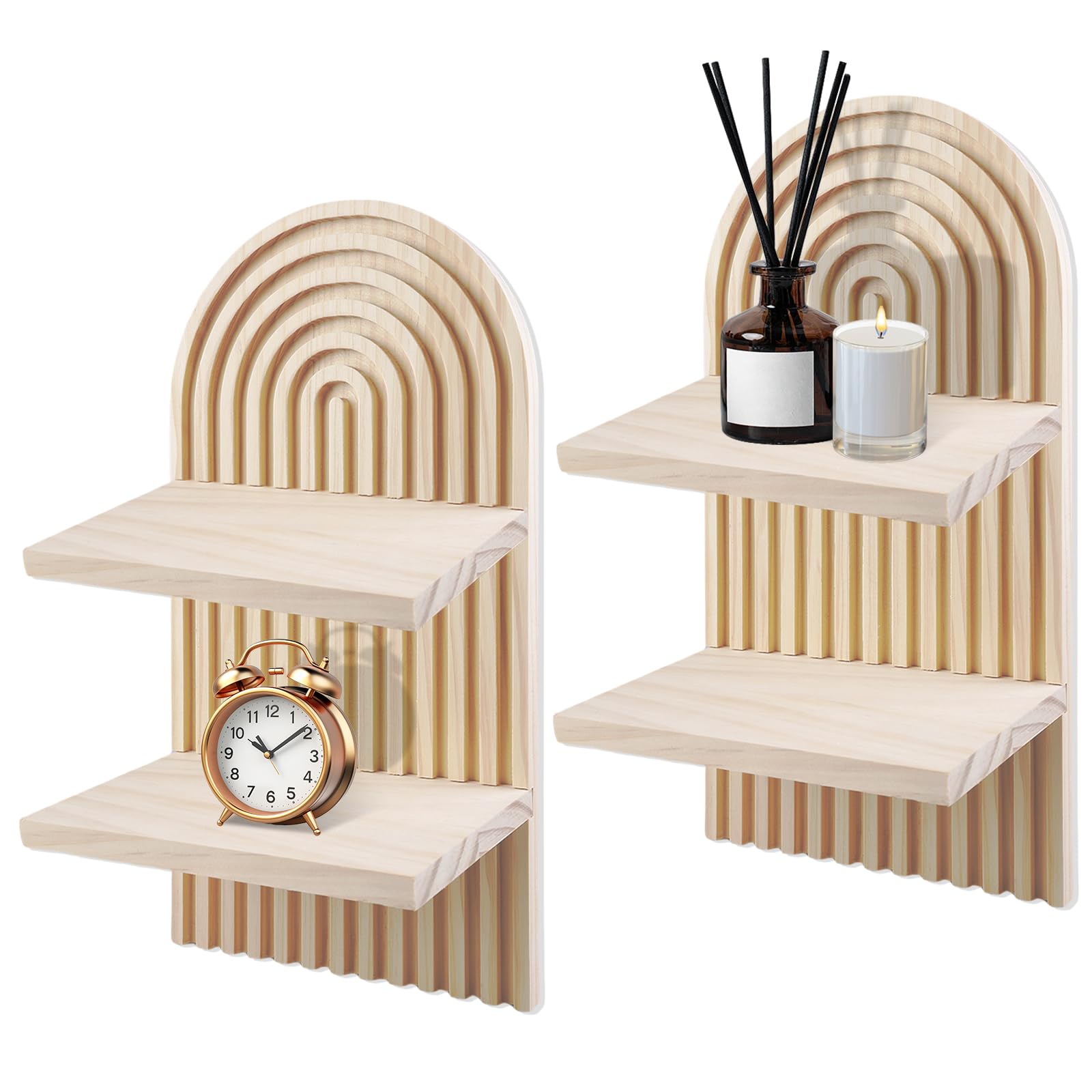 2 Mensole Da Parete In Legno Bohémien, Ripiani Sospesi Ad Arco Arcobaleno, Marrone, 34,5x18x12 Cm, Per Soggiorno E Camera Da Letto