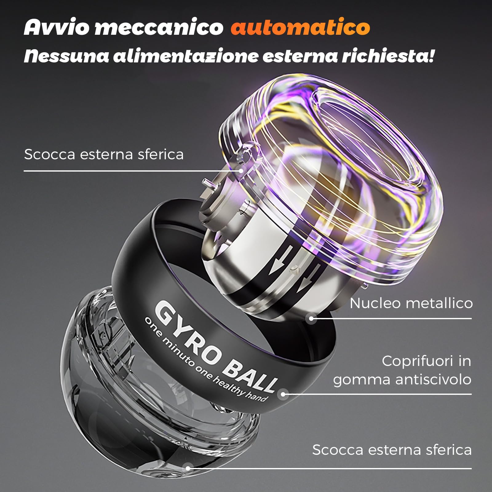 Gyroball, Pallina Giroscopica per Allenamento Polso, 5 Livelli di Resistenza, LED, con Borsa e Braccialetto (Guscio trasparente)