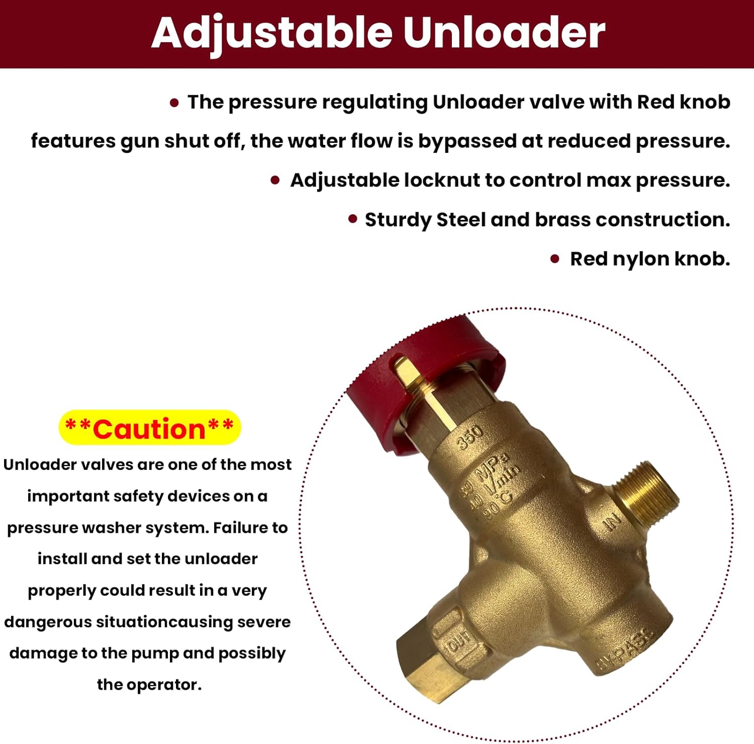 Adjustable unloader valve with caution text