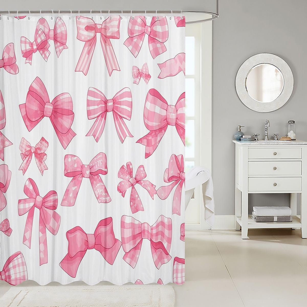 Cute Pink Bow Fabric Shower Curtains for Kids Girly Bowknot Shower Curtain 72" W X 78" L Coquette Watercolor Bows Bath Curtain Kawaii Dreamy Princess Style Bathroom Waterproof Accessories image 2