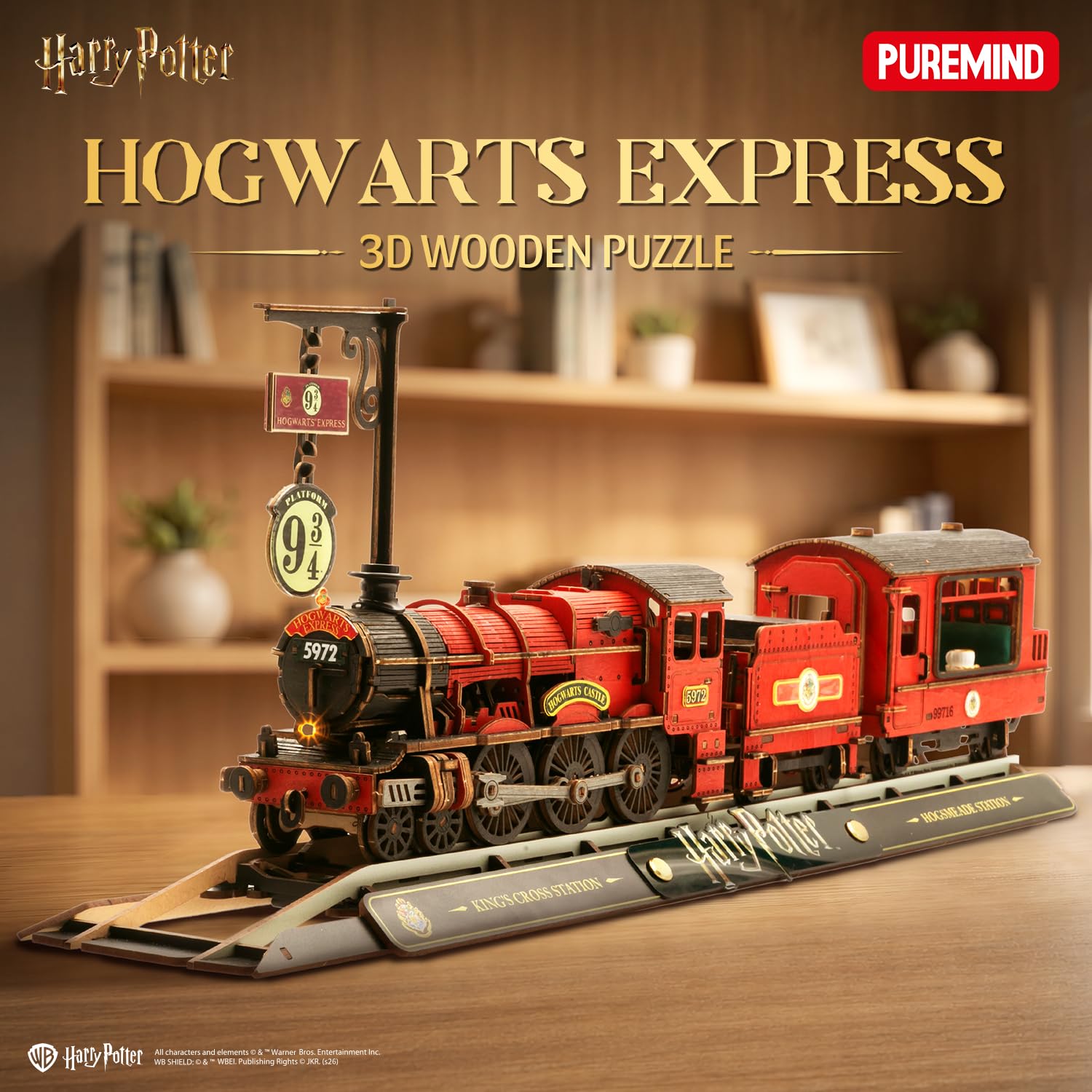 PUREMIND Harry Potter Hogwarts Express, puzzle 3D, oficjalna licencja | Ruchoma lokomotywa, peron 9¾, światło, para i dźwięk, mechaniczna konstrukcja, ekspozycja na półce lub w witrynie