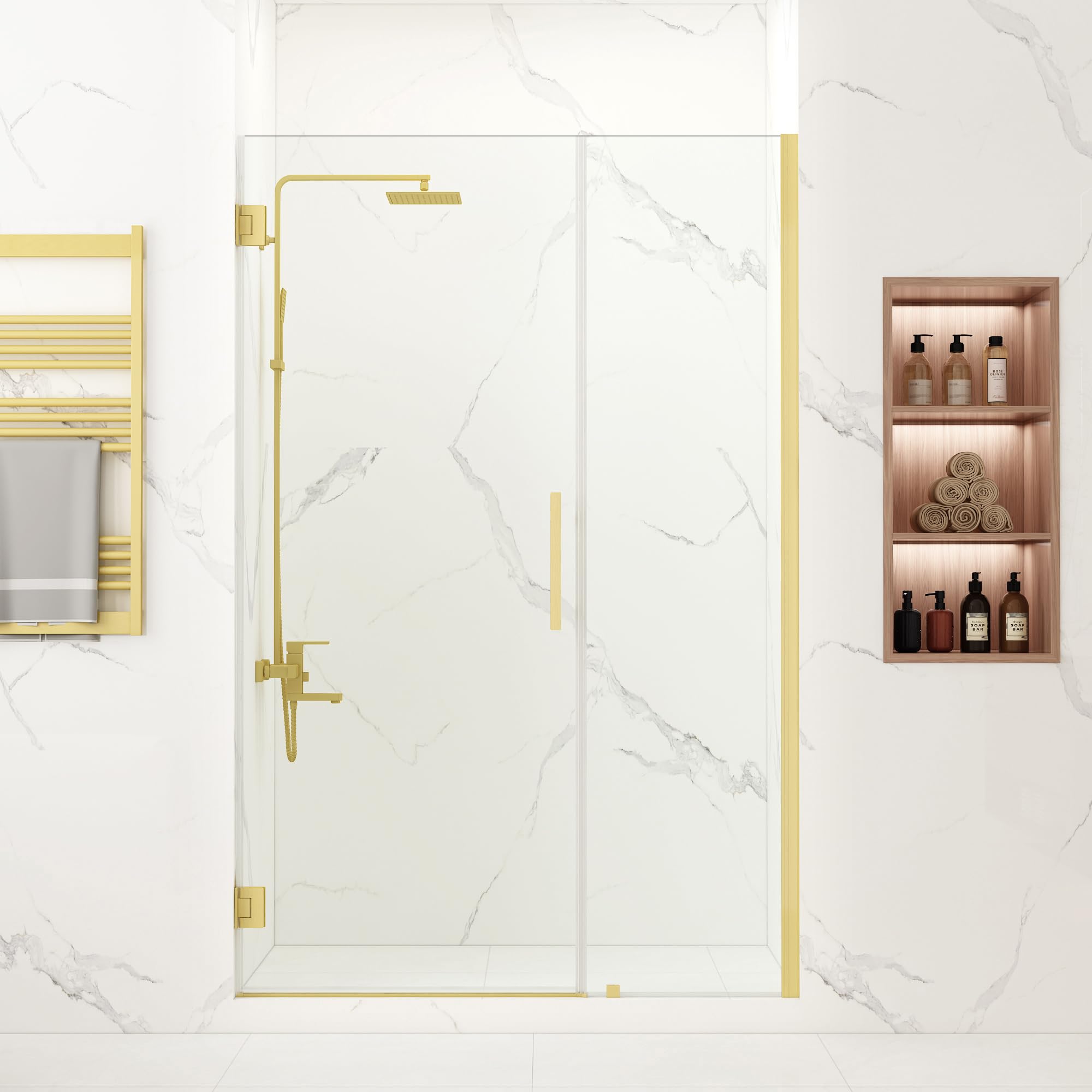 43-44" W x 76" H Frameless Pivot Shower Door, Pivot Swing Shower Door with Clear Tempered Glass 5/16"(8mm), Reversible, Brushed Gold Finish, Magnetic Closing