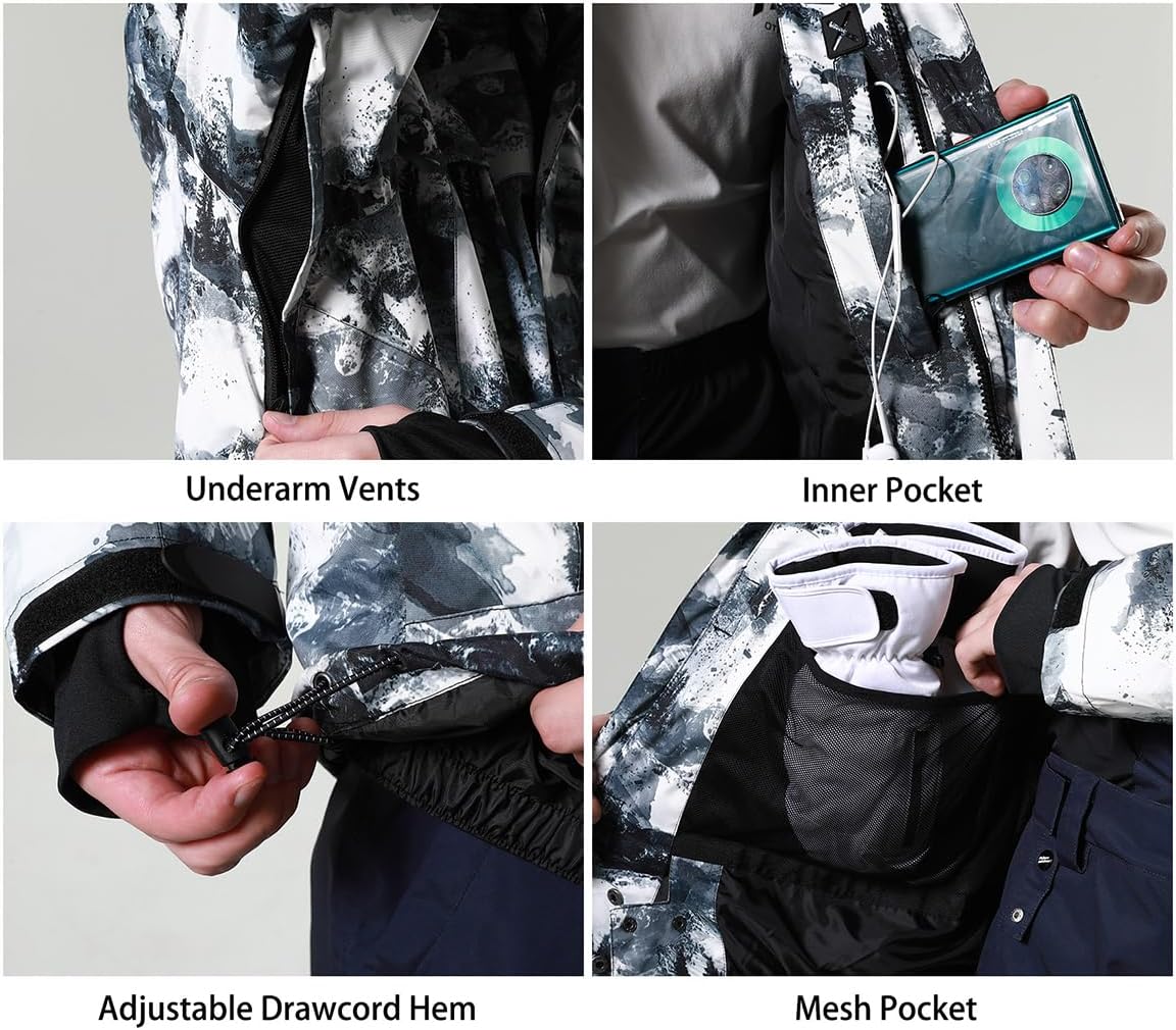 PHIBEE Men's Waterproof Ski Jacket Winter Warm Snow Coat Windproof Hooded Rain Jacket