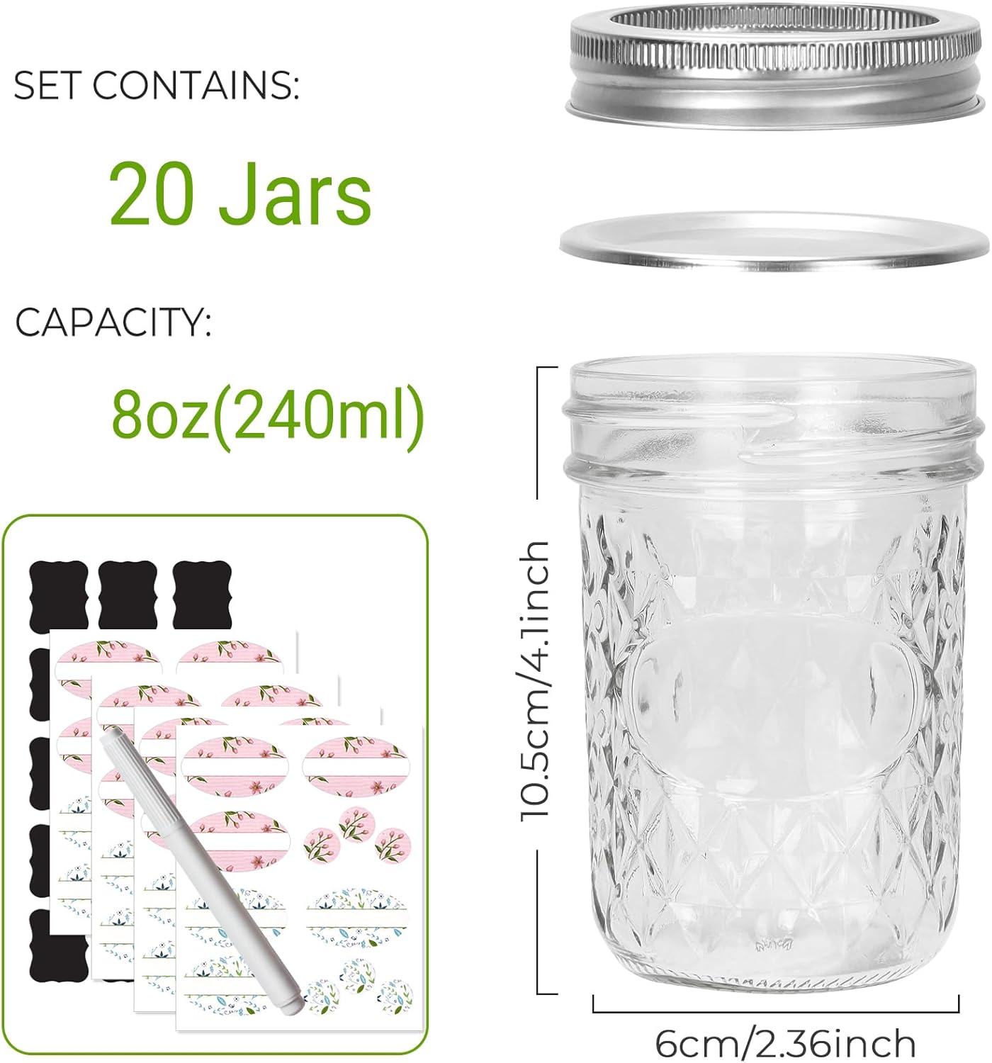 Keketin 8 oz Mason Jars with Airtight Lids,20 Pack Wide Mouth Glass Canning Jars,240ml Glass Mason Jar Diamond Jelly Jars for Honey,Jam Preserving,Fruits Salad,Baby Foods,Party Favors - Image 2