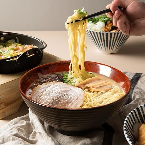 NUTRIUPS 1200ml Ceramic Ramen Bowl Set of 2 Noodle Bowls with Chopsticks and Spoons (Agate Red) - 6
