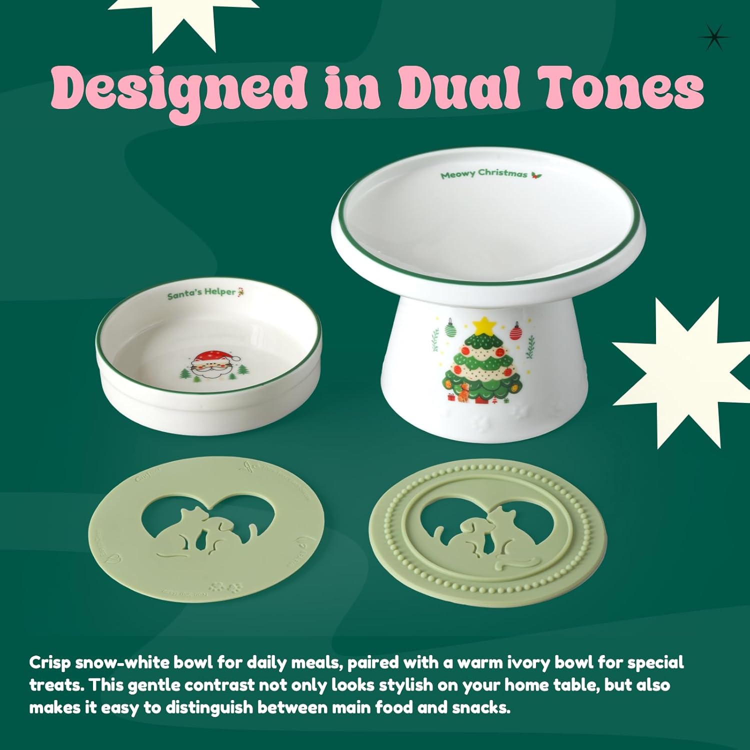 Cinf Ceramic Set of 2 Pet Raised Footed & Snack Bowl with Funny Christmas Design and Non-Slip Silicone Pads