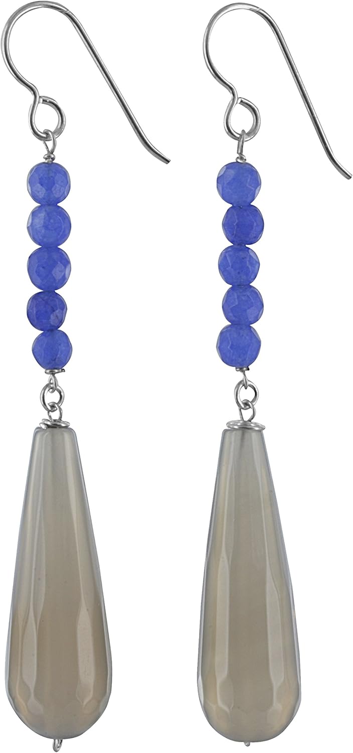 Smoky Jade Quartz, Navy Jade Quartz Gemstone Sterling Silver Dangle Drop Earrings