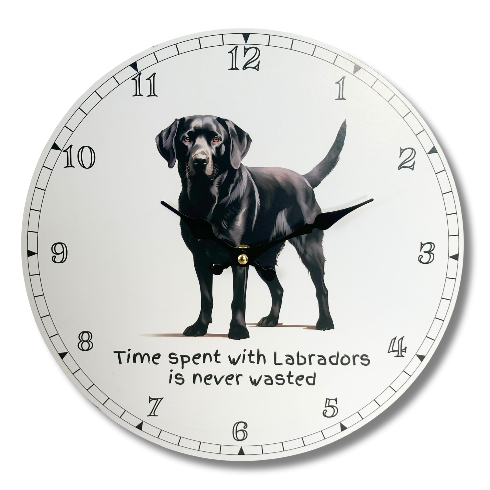 Animal Crackers 'Love Dogs' Dog Breed design wall clock with 'Time Spent With Labradors Is Never Wasted' slogan, 33cm diameter, gift boxed, great Dog lover gift (Black Labradors)