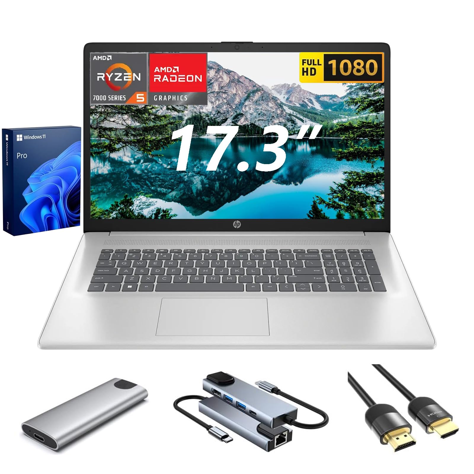 HP 17.3 inch Laptop, FHD Display, 6-Core AMD Ryzen 5 7430U, 32GB RAM, 1TB SSD + 256GB Portable SSD, WiFi6, Webcam, KeyPad, 4K HDMI Cable + 5-in-1 Hub