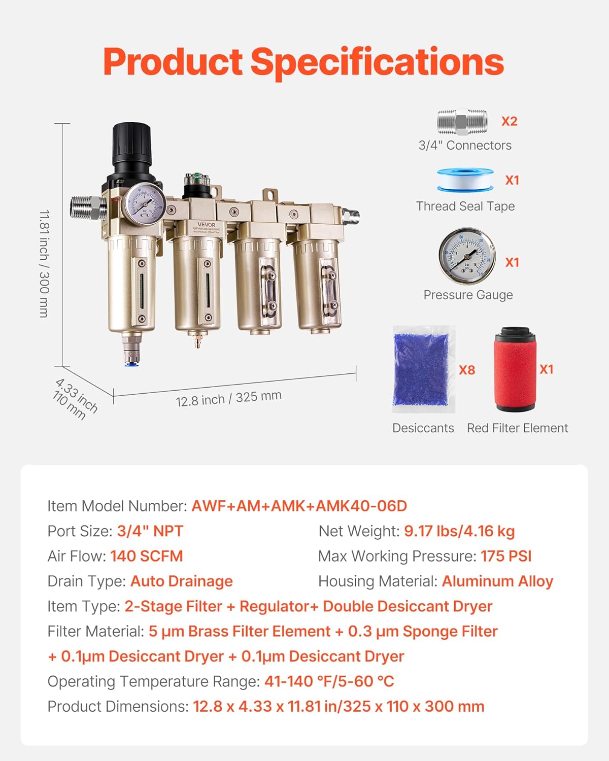 Diagram showing product dimensions and included components like connectors, thread seal tape, pressure gauge, desiccants, and red filter element