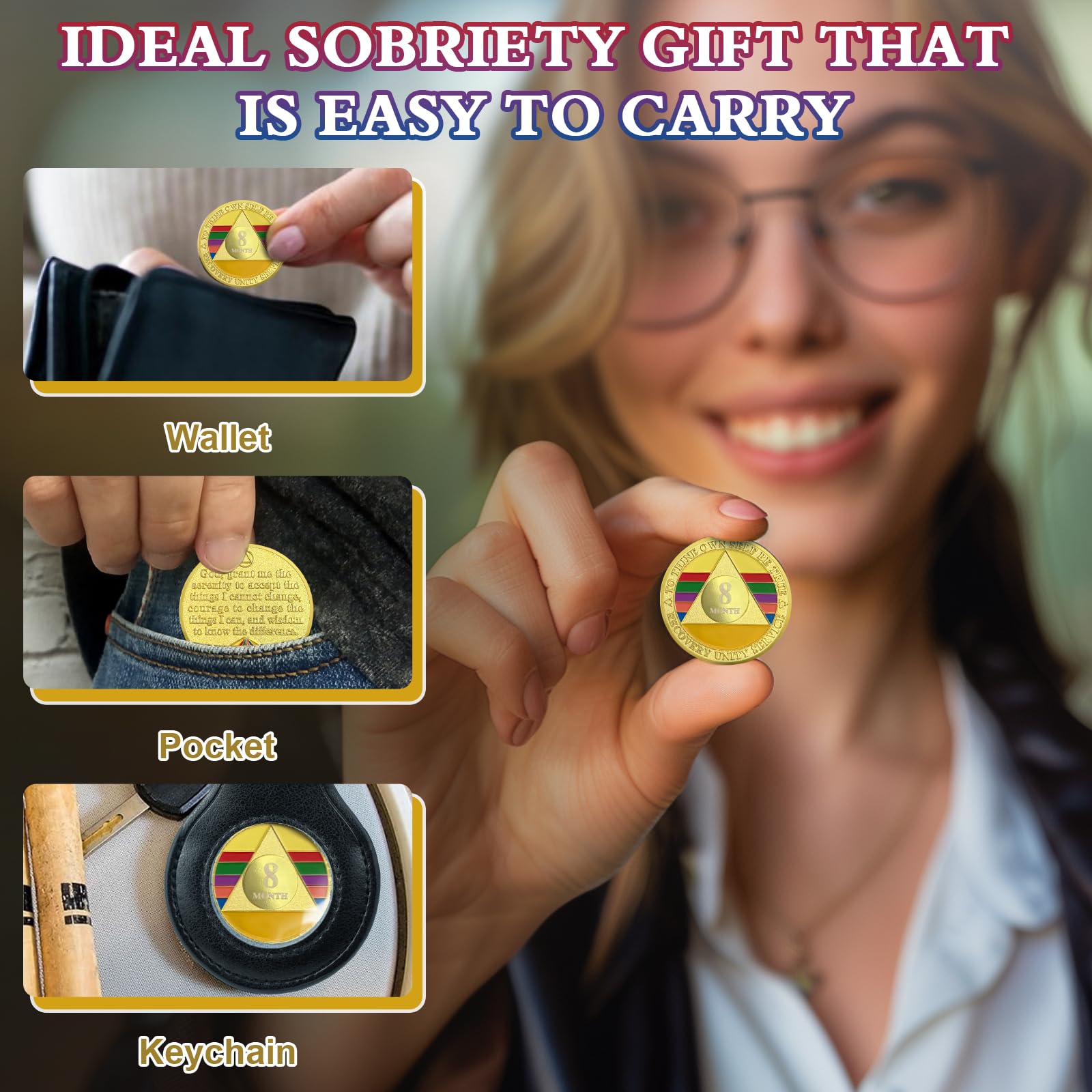 Nüchternheitsmünze für 8 Monate, Regenbogen, acht Monate, nüchternes Gold, Nüchternheits-Chip, AA-Chips und Medaillon, Alkoholiker, anonyme Münze, Wiederherstellung, Jahrestag, Nüchternheit, Geschenke