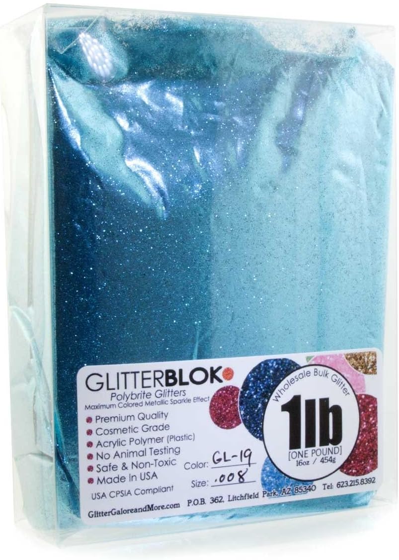 Light Blue Extra-Fine Glitter in 1lb package (Glitterblok Polybrites) Cosmetic Grade for Face Painting, Henna Tattoos, Cosmetics, All Over Face & Body, Safe Non-Toxic, Made in USA