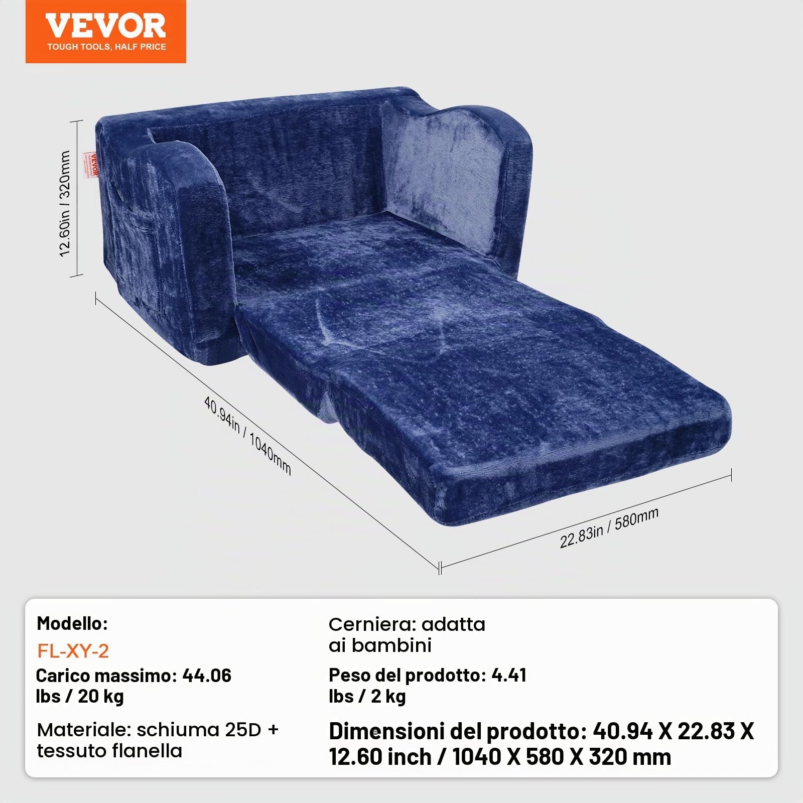VEVOR Divano per bambini, 2 in 1, comodo divano letto pieghevole, convertibile da divano a lettino, sedia per bambini, mobili per la stanza dei giochi, per bambini e ragazze, blu