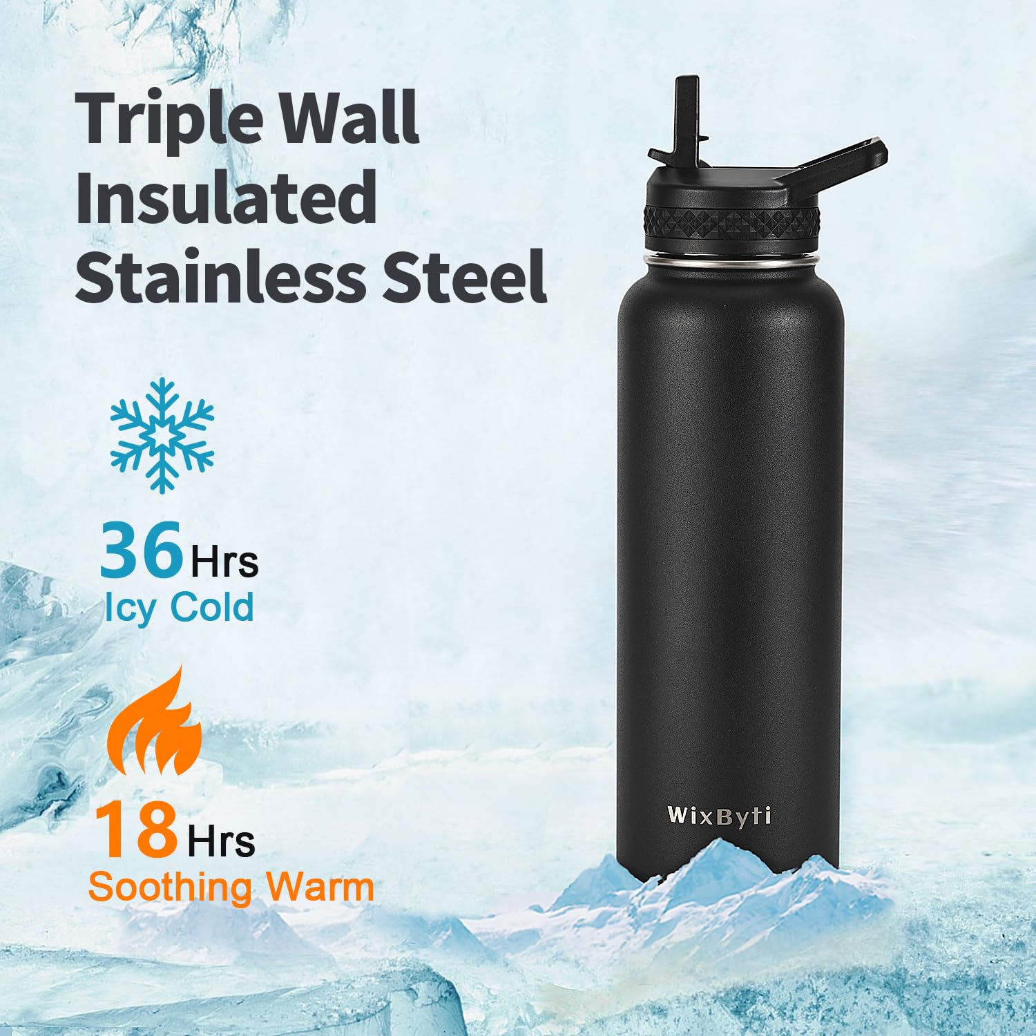 WixByti Botella de agua aislada de 1134 g con pajita, a prueba de fugas y frío durante 36 horas | Termo de acero inoxidable de triple pared con mango de paracaídas y tapas de boquilla de popote y calcomanías de bricolaje