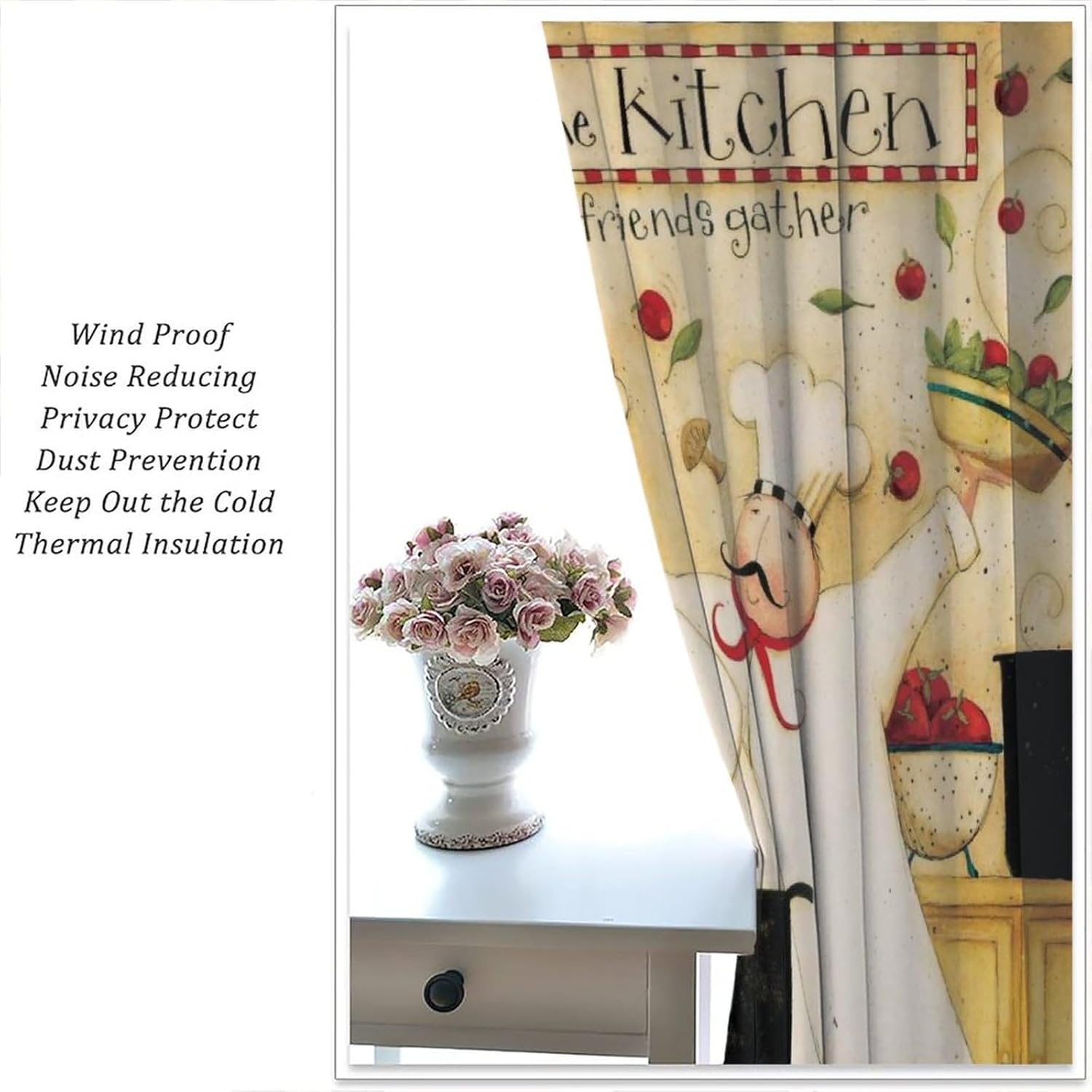 Kitchen Chef with Gourmet Curtain Bedroom Living Room, Red Check Half and Half Pattern Cartoon Chef and Gourmet Curtain, Red Theme Room Bedroom Blackout Curtain 42x45in