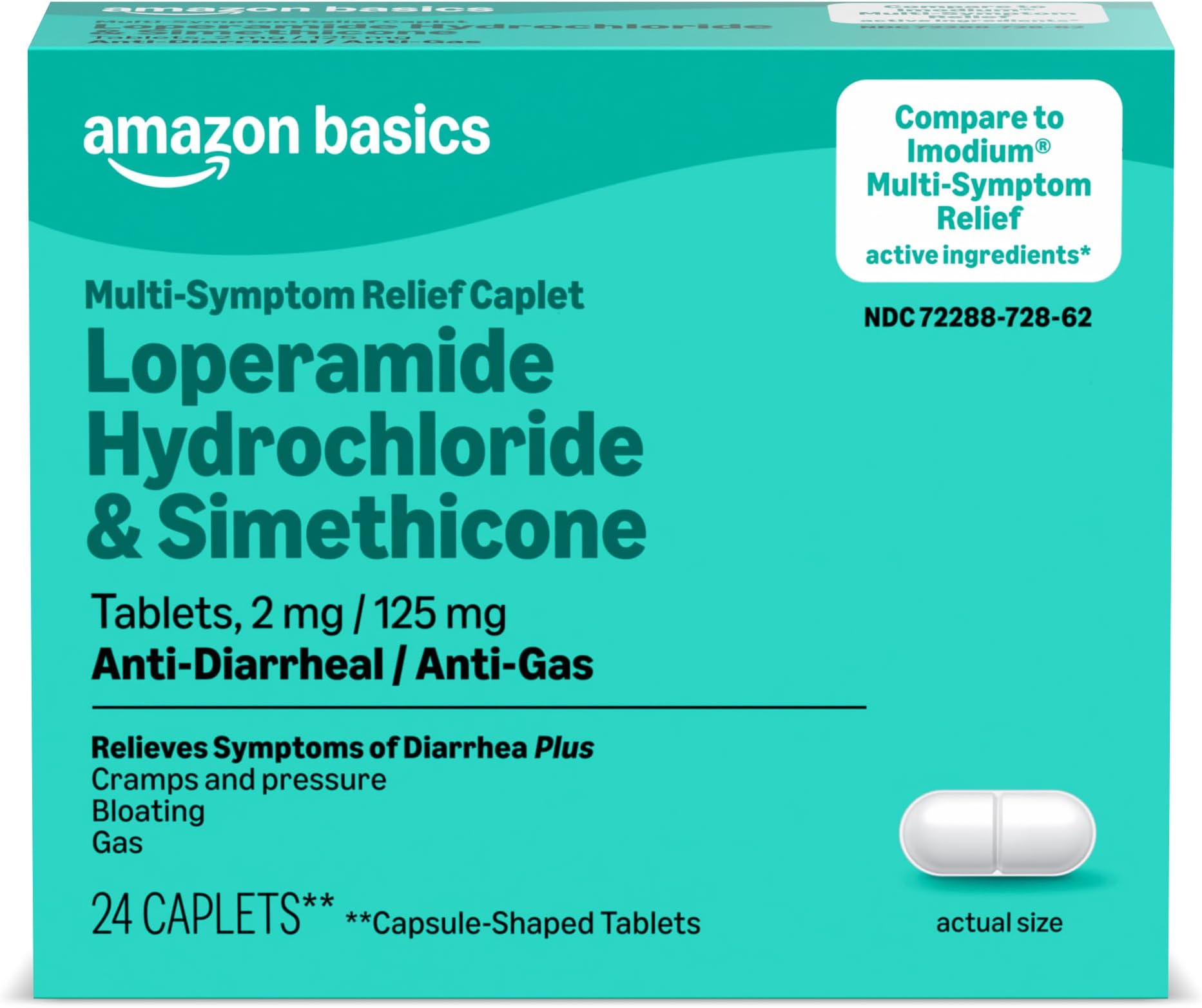 Loperamide Hydrochloride 2 mg and Simethicone 125 mg Tablets, Multi-Symptom, Anti-Diarrhea Medicine, Gas Relief, 24 Count (Previously Amazon Basic Care)