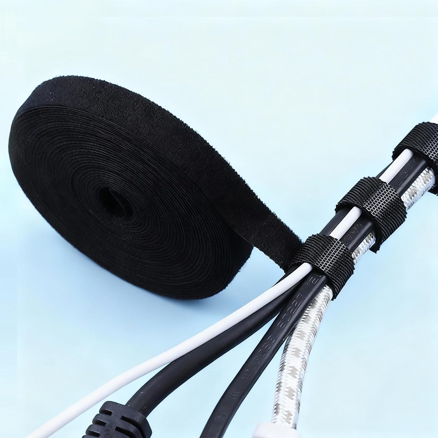 Reusable Cable Ties Roll 16.4ft, Adjustable Self-Gripping Hook and Loop Straps for Wire, Cord & Data Cable Management, Home Office Use (Black)