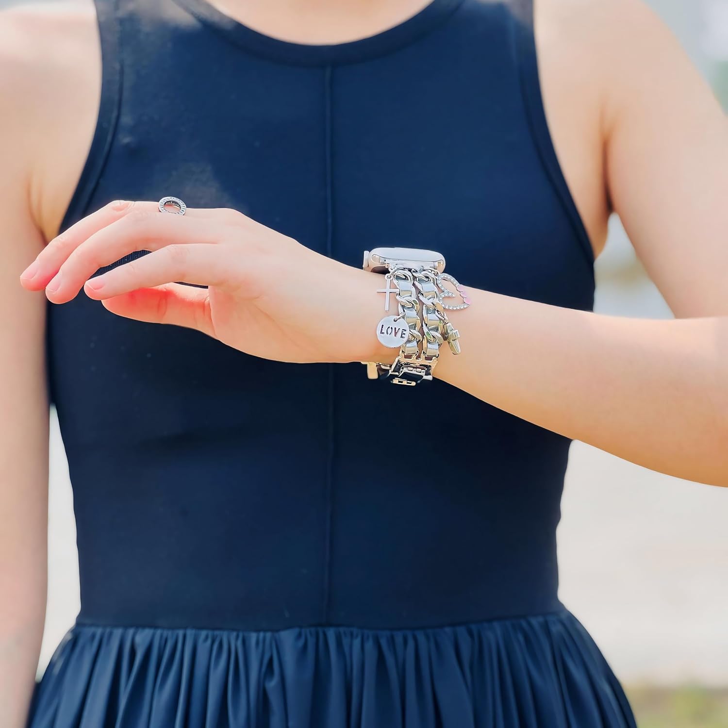 Silver Bracelet Band with Cute Charm Compatible for Apple Watch 38mm 40mm 41mm 42mm (S10) Women, Cuban Chain Strap for iWatch Series 10 9 8 7 6 5 4 3 2 SE - Image 6