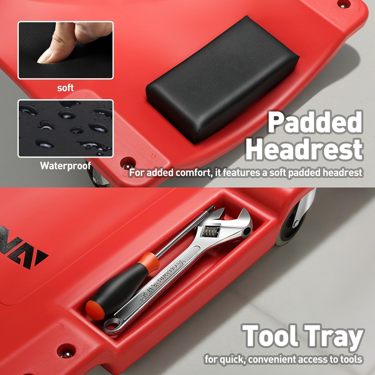 DNA MOTORING 40 Inch Mechanic Creeper, Blow Molded Low Profile Rolling Garage Creeper, w/Padded Headrest, Dual Tool Trays, 350lbs Capacity, Red, TOOLS-00005